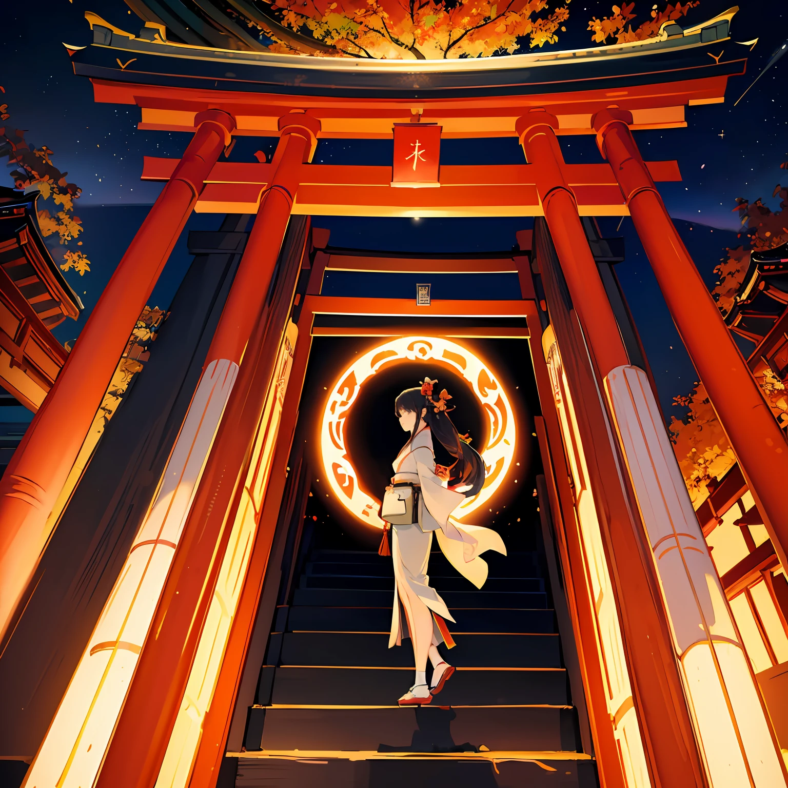 ((Master masterpiece)), ((Top image quality)), illustratio,There is a large torii gate、Only the other side of the torii gate seems to be at night、You can see a Japan woman wearing a white kimono at the end of the torii gate.、Her hair is very long、