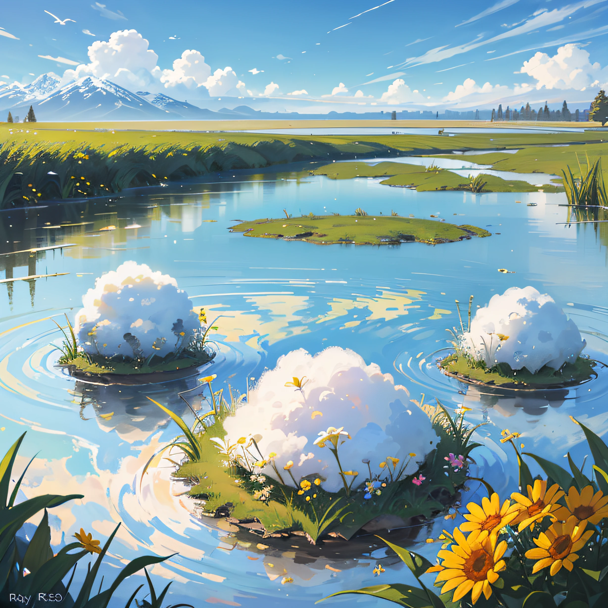 Summer, meadows, a few small flowers, clear lakes, sheep, heaven, large clouds, blue sky, hot weather, HD detail, hyper-detail, cinematic, surrealism, soft light, deep field focus bokeh, distant vistas are snowy mountains, ray tracing, and surrealism. --auto --v6