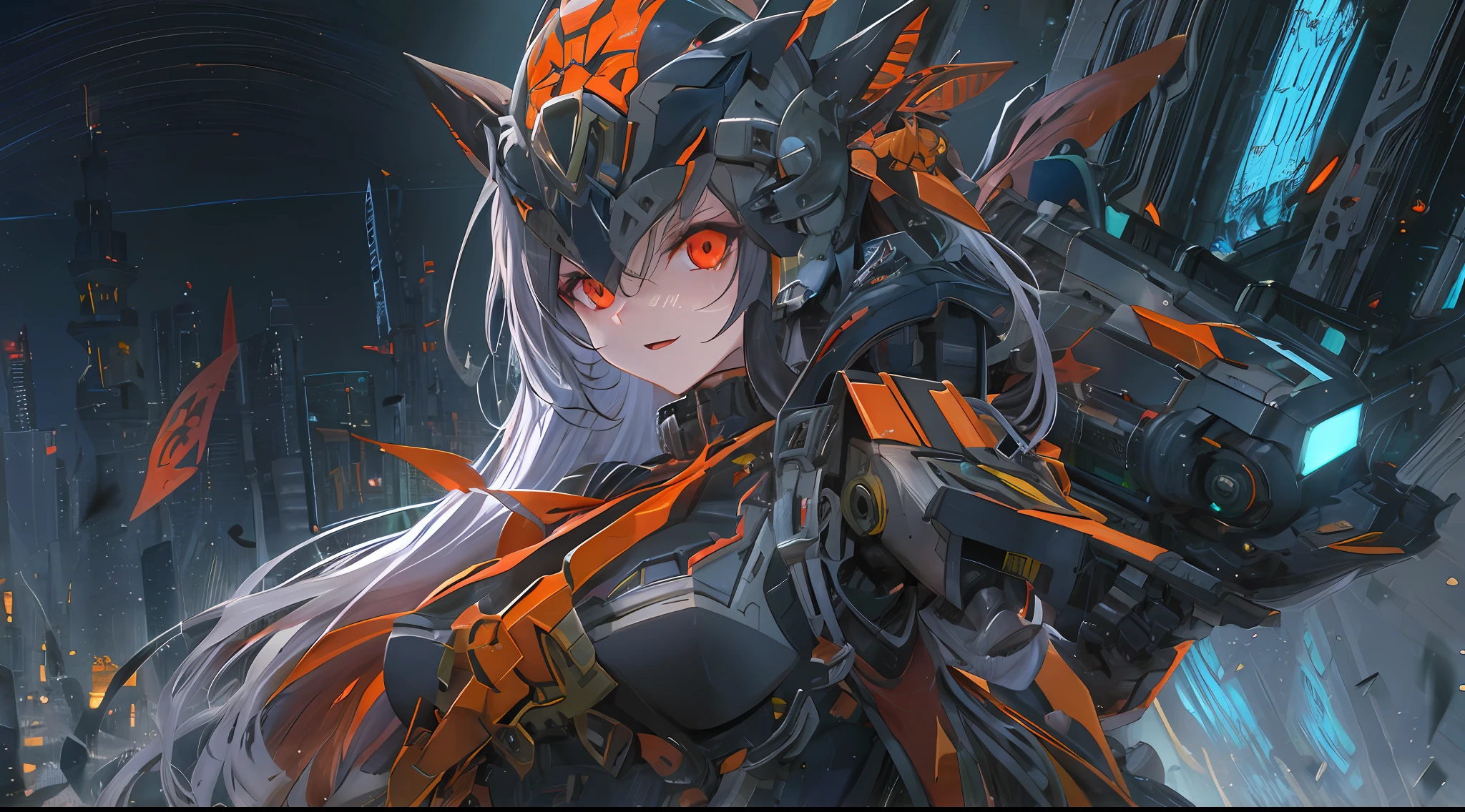 a robot, best quality, highly detailed, ultra-detailed, masterpiece, 8k wallpaper,  red eyes, bad anatomy, absurdres,  black Long hair,  highres, super fine illustration, absurdres, solo, game cg, lord,at night, (blacklight:1), (detailed beautiful face and eyes:1), command spell,mecha musume,mask,mechanical parts, robot joints,