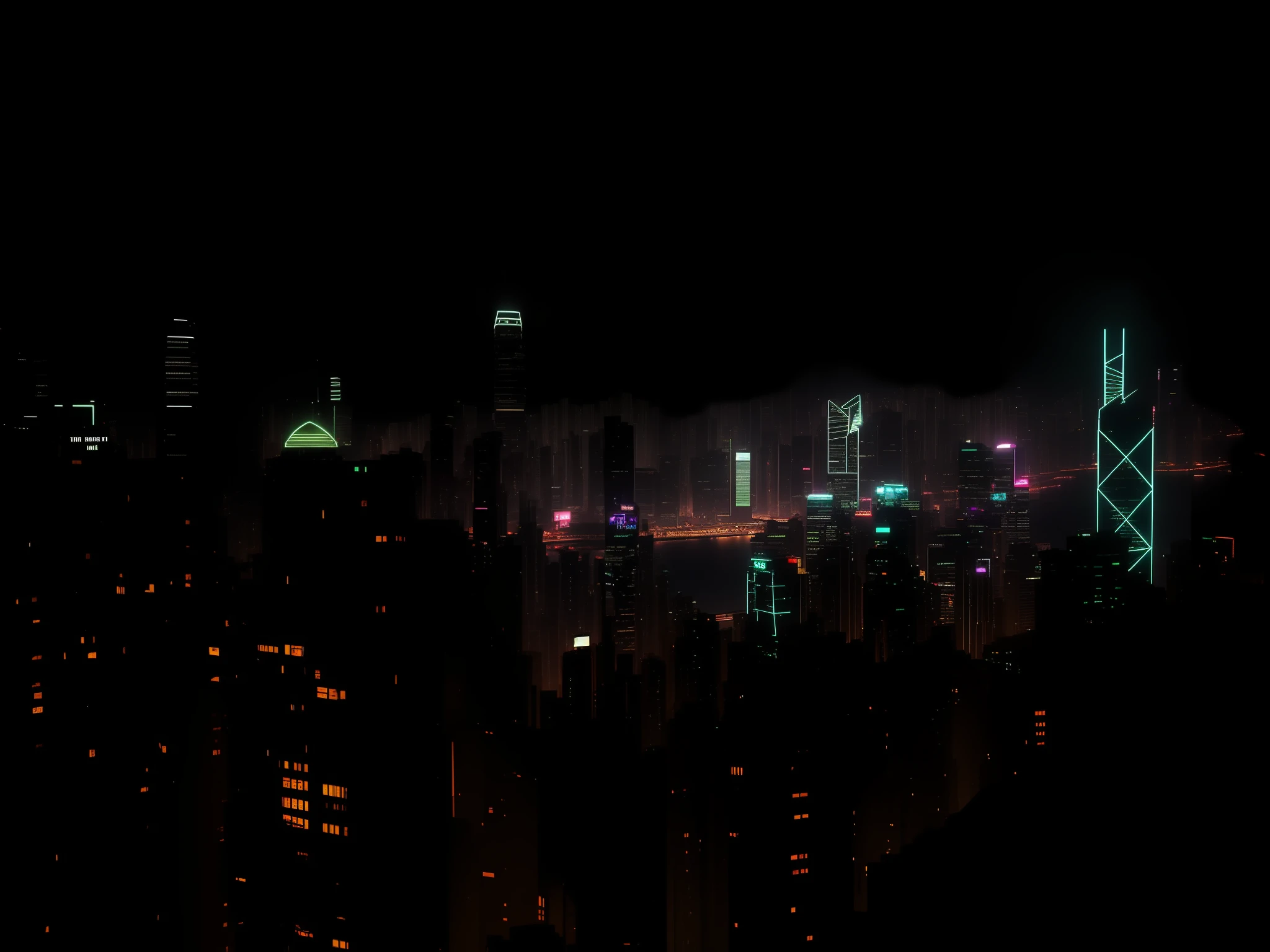 8K, RAW, Artful view of a city at night with a lot of lights, Hong Kong, scenic view at night, city lights in the background, shot with a Canon 20mm lens, overlooking the city, city that never sleeps, Cyberpunk, vaper punk, Synthwave, Futurism, anti-utopia, Feeling depressed and unable to breathe in the city, the clouds are very low and the building is straight up in the sky, Masterpiece, high-res, high-quality