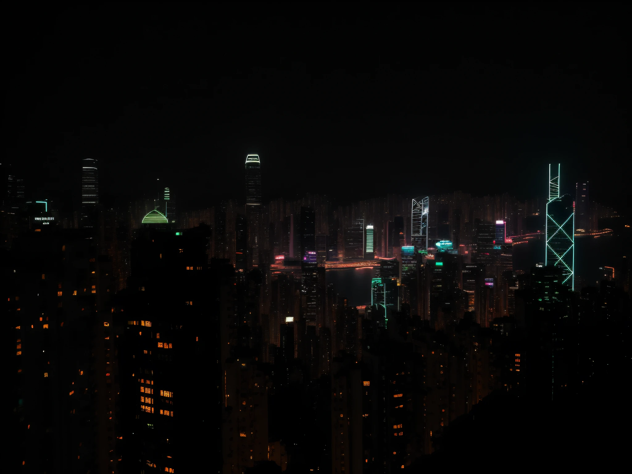 8K, RAW, Artful view of a city at night with a lot of lights, Hong Kong, scenic view at night, city lights in the background, shot with a Canon 20mm lens, overlooking the city, city that never sleeps, Cyberpunk, vaper punk, Synthwave, Futurism, anti-utopia, Feeling depressed and unable to breathe in the city, the clouds are very low and the building is straight up in the sky, Masterpiece, high-res, high-quality