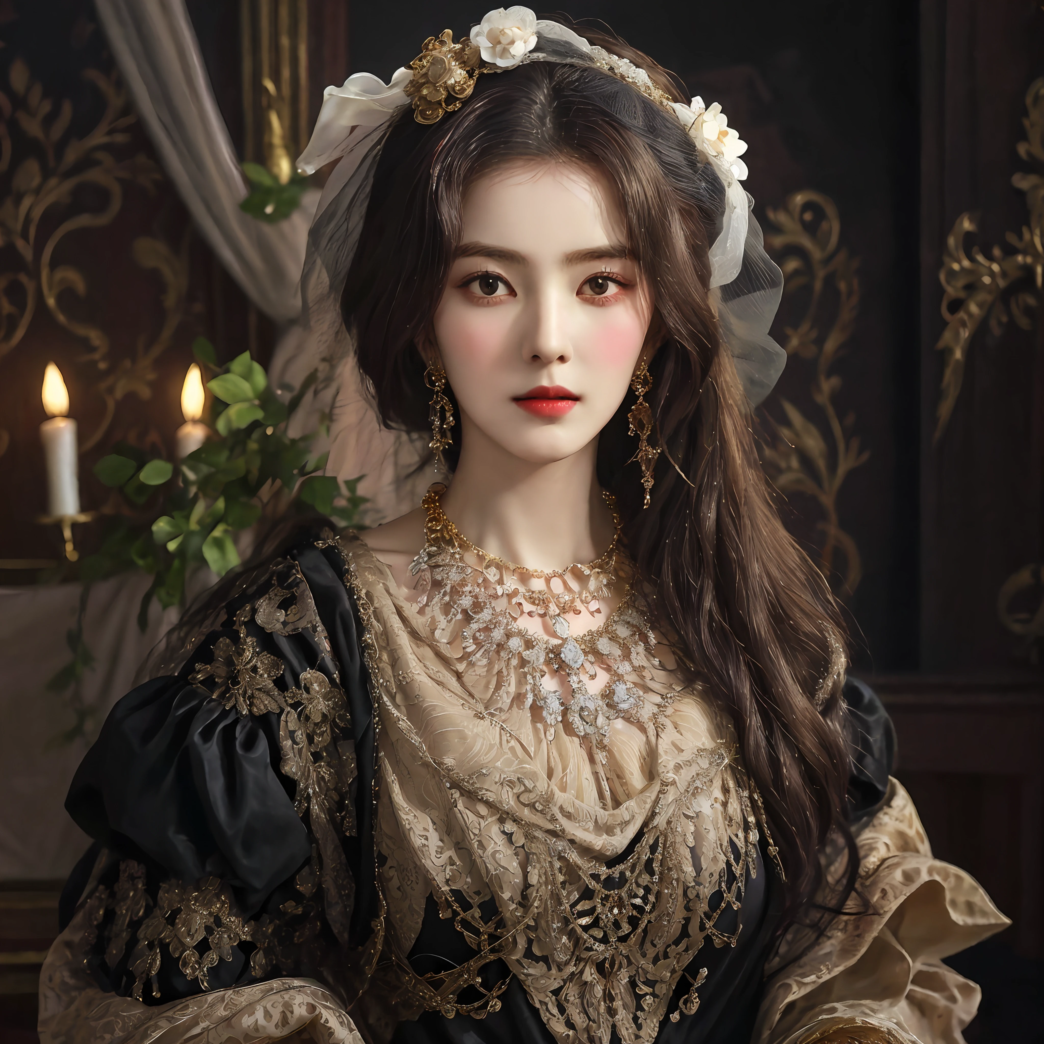 arafed woman in a black dress with a gold and white necklace, wearing an ornate outfit, in a high renaissance style, gorgeous woman, a beautiful victorian woman, renaissance style, exquisite aristocratic, in a renaissance style, portrait shot, baroque hair, traditional beauty, wearing elegant tudor clothes, elegant lady with alabaster skin, elegant portrait, photo of a beautiful woman