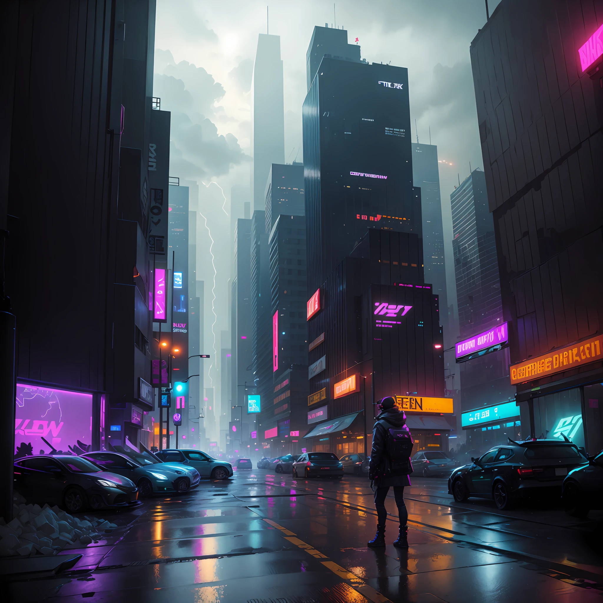 "Neon-lit metropolis veiled in smog."
"Concrete jungle beneath perpetual storm clouds."
"Flickering holograms on wet, reflective streets."
"Dystopian skyline aglow with neon billboards."
"Rain-soaked alleys echoing with cybernetic hums."
"Virtual reality arcades in dimly lit arcology blocks."
"Hovering drones surveilling a labyrinth of skyscrapers."
"Graffiti-covered underpasses, neon graffiti glows."
"cloudy and pouring rain in the city's dark underbelly."
"Shadowy figures blend into the city's digital chaos."