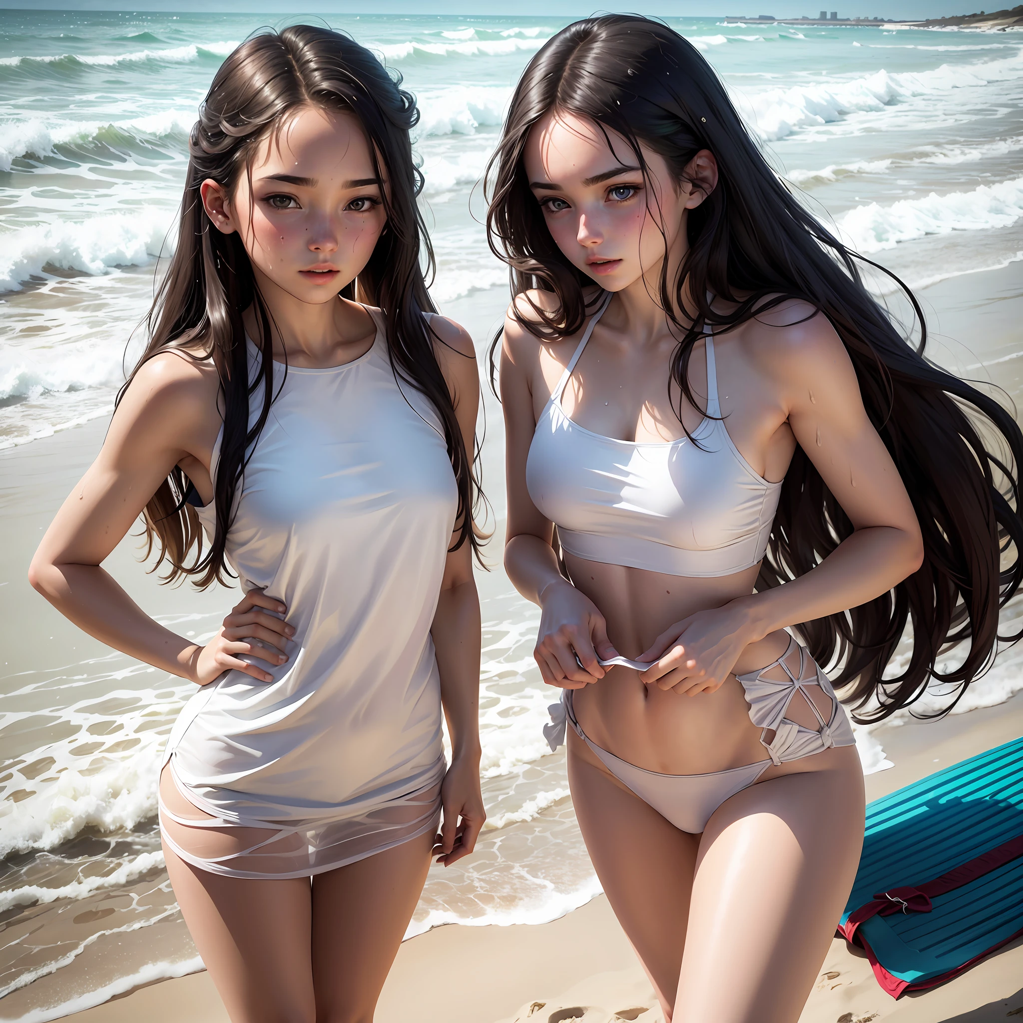 White skin and beautiful appearance，long whitr hair，brunette color hair，Wet hair，teens girl，underdressing，sandbeach，beachside，nakeness，full bodyesbian --auto