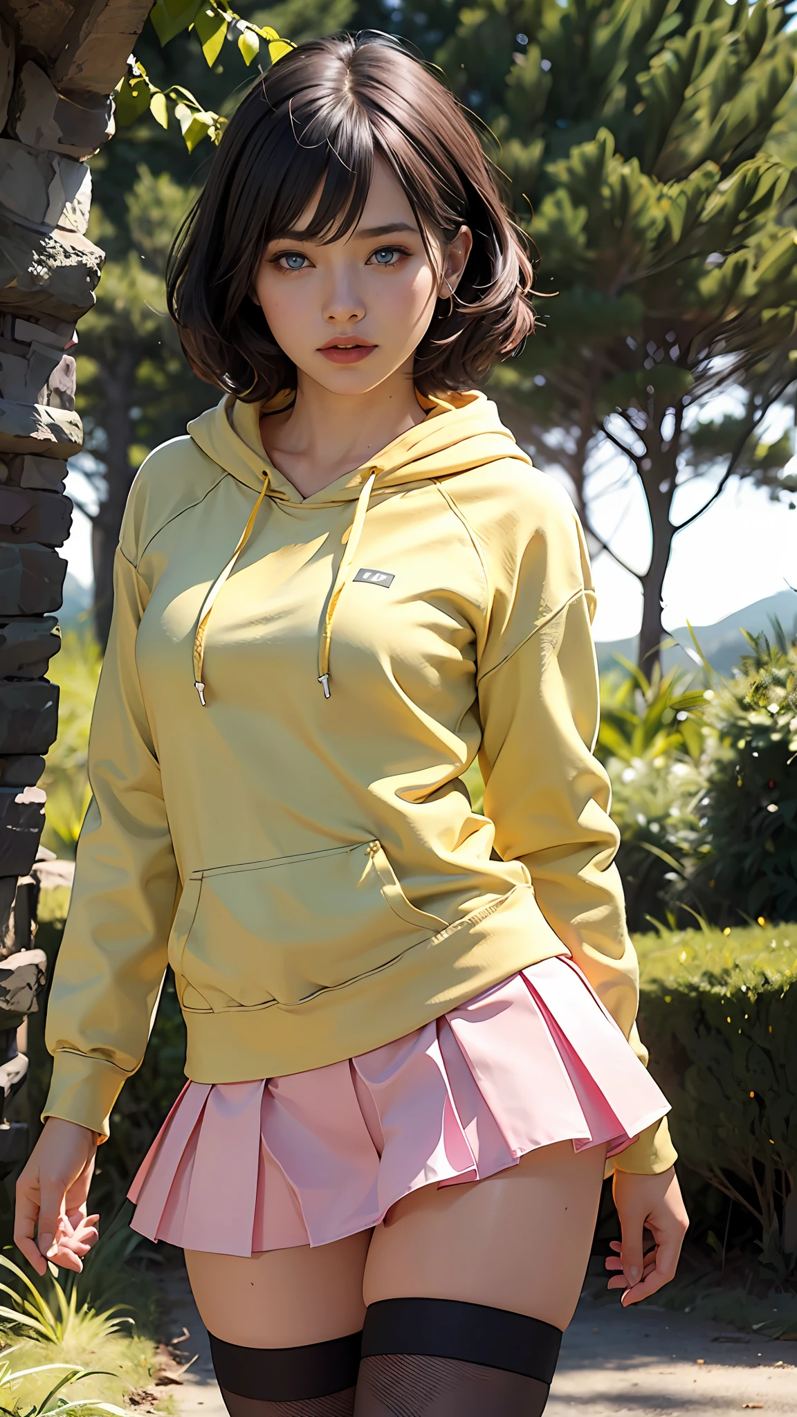 (female:1.2), 8k, ultra hd, ultra detailed texture, hyper realistic, masterpiece, detailed texture, detailed face, detailed skin, detailed lighting, (photorealistic:1.5), best quality, beautiful lighting, cinematic lighting, professional lighting, ultra highres, realistic, detailed hair, real hair, high quality, (realskin:1.5), extremely detailed, finely detail, ultra-detailed, 1girl, solo, black hair, shoes, (pink skirt), cat whiskers, (blue eyes), cute, black legwear, short hair, legwear under skirt, standing, (yellow hoodie), sweater, closed mouth, blush, blunt bangs, large breasts, thigh high, navel, Uzumaki himawari, ninja girl, scary forest background, dark view, holding kunai, weapon