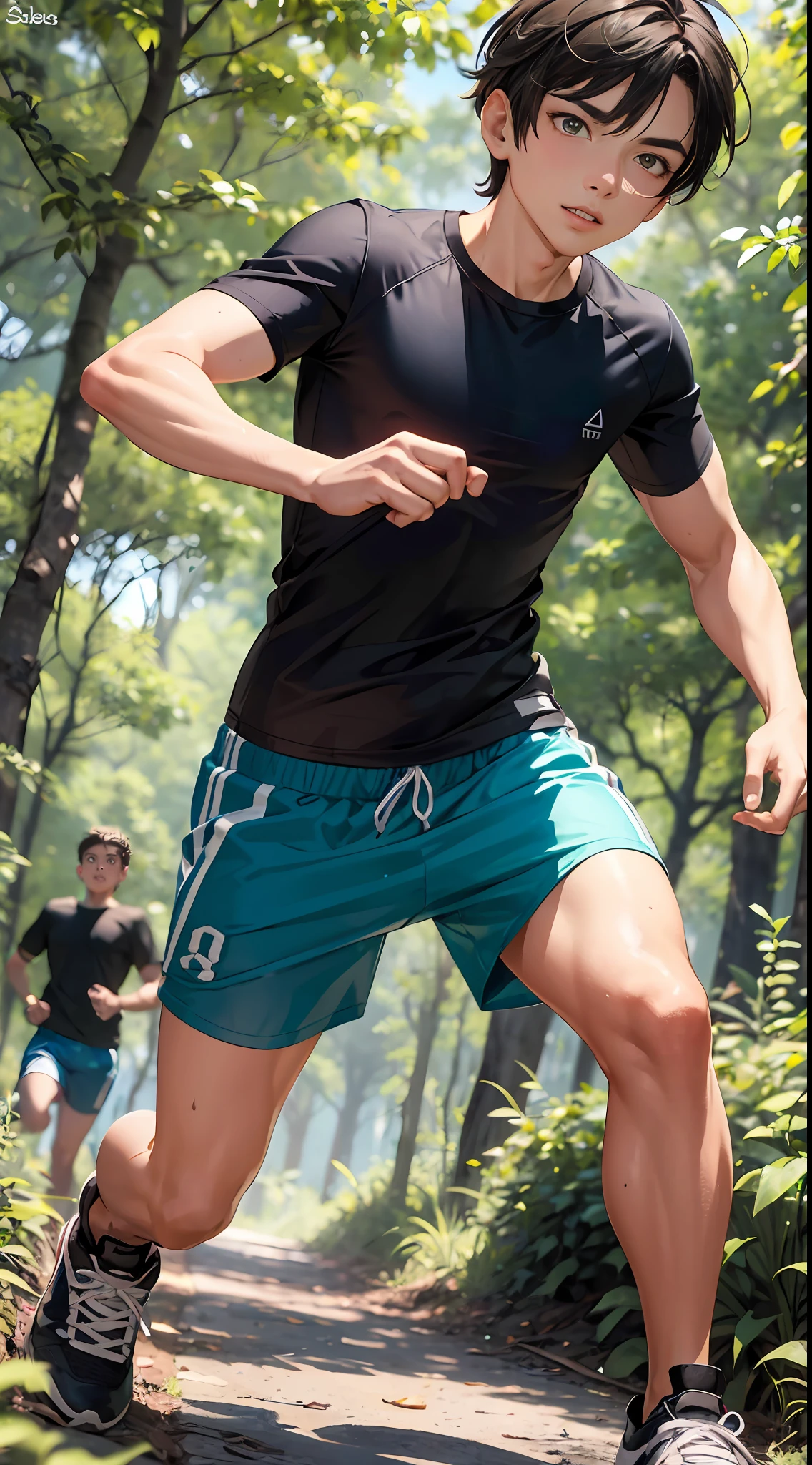 um garoto chamado John de 15 anos de idade, corpo inteiro, correndo numa floresta fugindo de um monstro desesperadamente, wearing blue shorts and plain black T-shirt without print and black sneakers, pele branca, olhos pretos, fleshy lips, cabelo preto liso curtos, small hands. Absurdo, melhor qualidade, sozinho. The image is about a 15-year-old who is running in a forest running away from a monster desperately wearing blue shorts, black T-shirt and black sneakers.