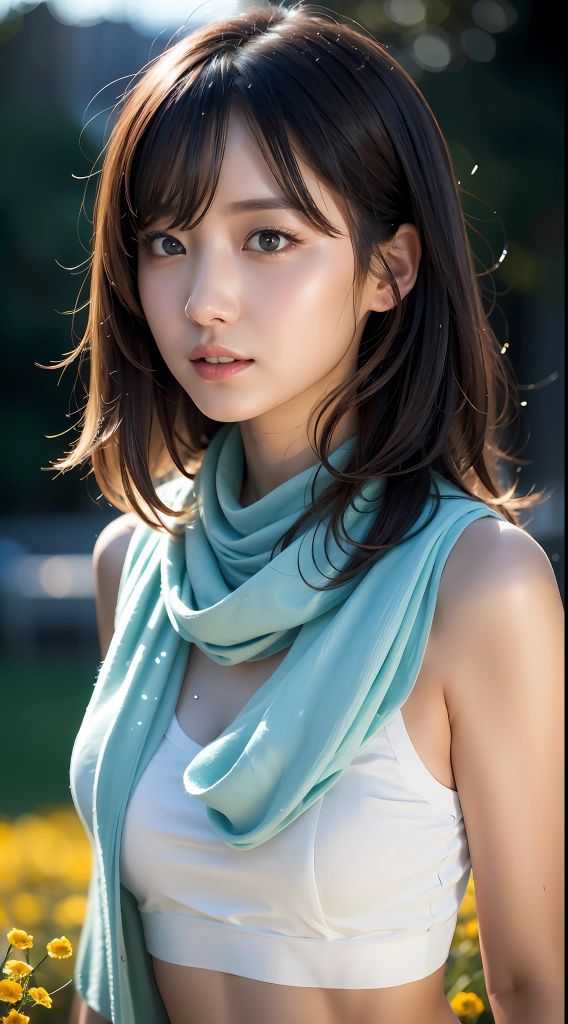 (RAW Photo, Best Quality), (Realistic, Photo Realistic: 1.3), Best Quality, Highly Detailed, Masterpiece, Ultra Detailed, Illustration, 1 Girl, upper_body, Dynamic Angle, World Mastery Theater, messy_long_hair, Best Quality, Extremely Detailed CG Unified 8k Wallpaper, Ink, Amazing, Movie Lights, lens_flare, dunhuang_style, Detailed Face, Beautiful Rendering of Tang Dynasty, (deliberate expression: 1.5), standing in a flower field, (looking up at the starry sky: 1.2), fireflies, floating scarves, Sony master shots, a woman posing for a picture in front of a tv, inspired by Fei Danxu, aesthetic!!!!!! female genie, brown hair and bangs, high definition screenshot, nicovideo, normal hands, vivic colors, full face shot of rimuru tempest, nice studio lighting, vhs screencap, beautiful fine - face, nami, ar