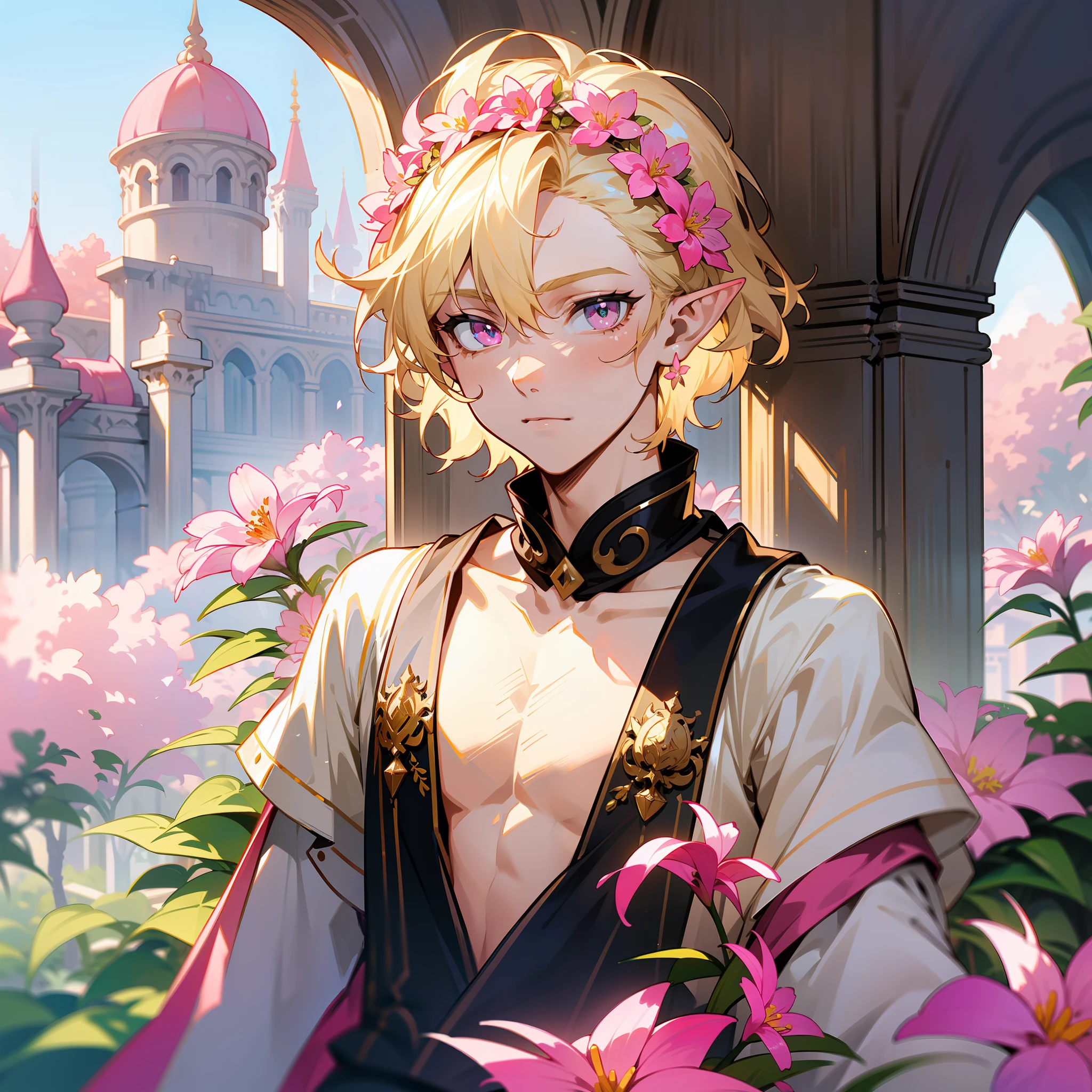 one young man, (((male))), (((man))), (((one person))), (((single))), (((solo))), 1guy, (((very light blonde hair))), (((pink colored eyes))), (medium short hair), (chin-length hair), wavy hair, ((slim body)), ((flat chest)), (((wearing fantasy clothes))), ((fantasy style)), ((wearing flowers in his hair)), flowercrown, ((pointy ears)), sunny weather, (((light pink colored eyes))), smooth skin, ((alone)), palace in the background, garden in the background, twink