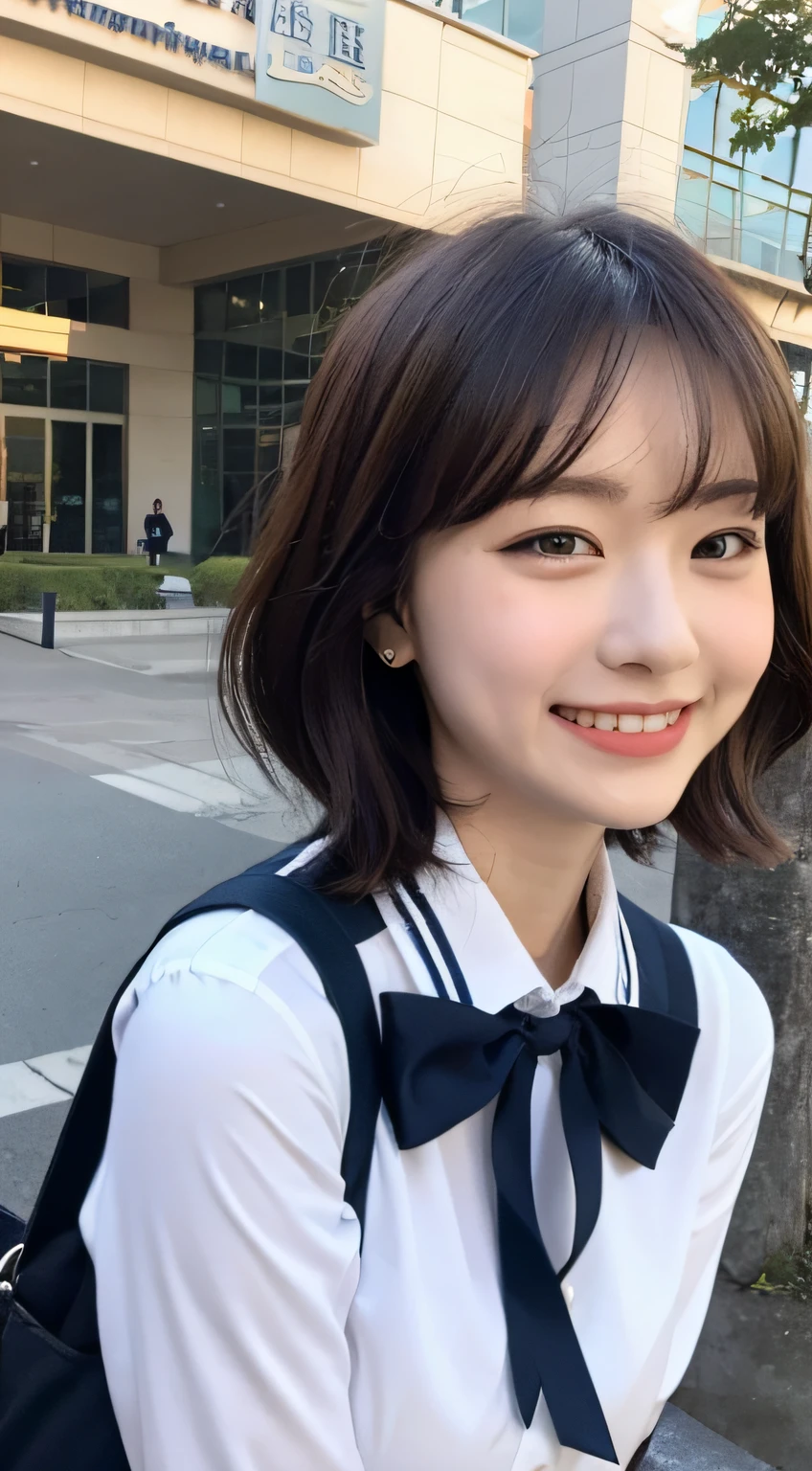 Highly detailed 8k wallpaper), red short hair, sharp focus, detailed, dramatic, delicate and beautiful schoolgirl, white shirt, navy blue ribbon collar, dark blue pleated micro mini, sexy, smile, peek at the viewer, graphics beautiful, bright school building, full of students, show the whole body,.
