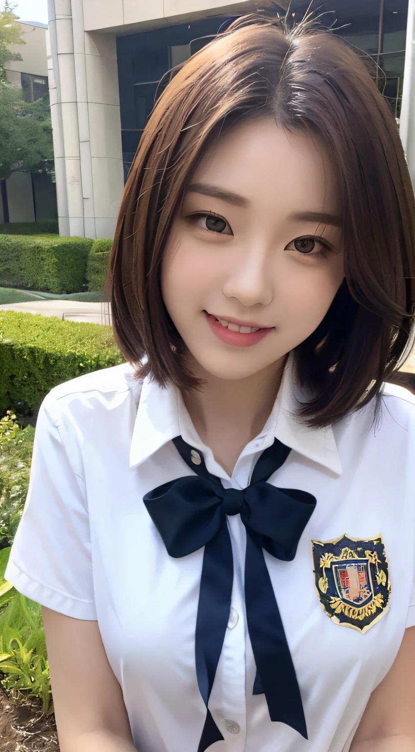 Highly detailed 8k wallpaper), red short hair, sharp focus, detailed, dramatic, delicate and beautiful schoolgirl, white shirt, navy blue ribbon collar, dark blue pleated micro mini, sexy, smile, peek at the viewer, graphics beautiful, bright school building, full of students, show the whole body,.