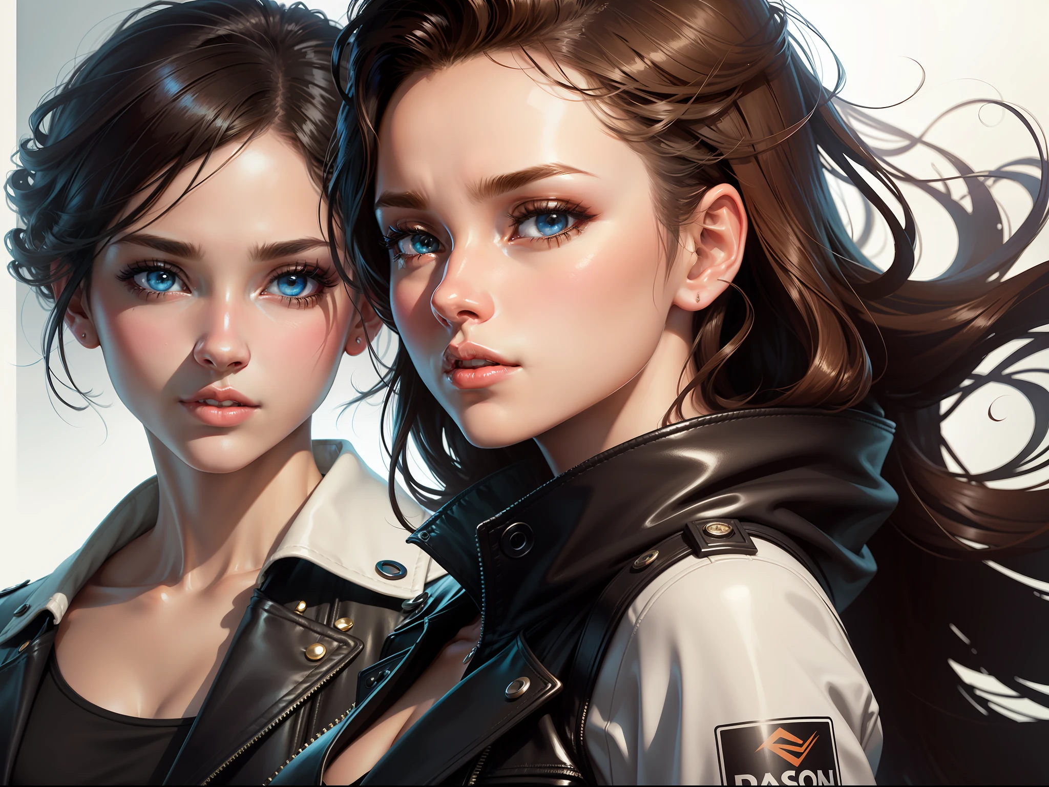 Realistic, bust portrait of a young woman, 20 years old. realistic beautiful eyes; cool face, Caucasian, beautiful look, leather jacket, Michael Garmash, Daniel F Gerhartz, Comic style, cool dreamy light, white background, volumetric lighting, pulp adventure style, liquid acrylic, dynamic gradient, vivid color, illustration, highly detailed vector curves, simple, smooth and clean, vector art, electric decorator, smooth silhouette elegant organic frames, surrealism, posters, masterpiece collections, lush vivid colors, twilight, wet gouache
