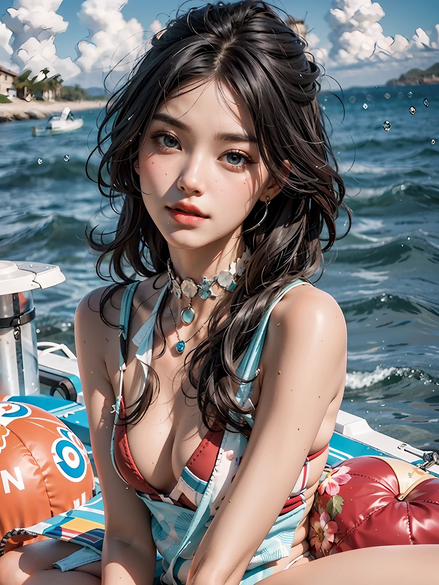 tmasterpiece,only 1girl,Bright big eyes,二重まぶた,Lying silkworm,cloudless sky,(((2048k resolution,Chasing the light,The most beautiful woman in the world:1.8))), Long legs, perfect figure beautiful woman:1.4, Korean model,model in Japan, ((C cup:1.4)), ((((Creative bikini:1.4)))), ((sea beach:1.3)),Highly detailed skin texture,White teeth,The small mouth opens slightly,Ray traching,Whiter skin,((Messy hair,Ultra-fine hair:1.3)),Pure and beautiful,Slim,prette,choker necklace,Redlip,Face lighting,Clear pores,realisticlying。