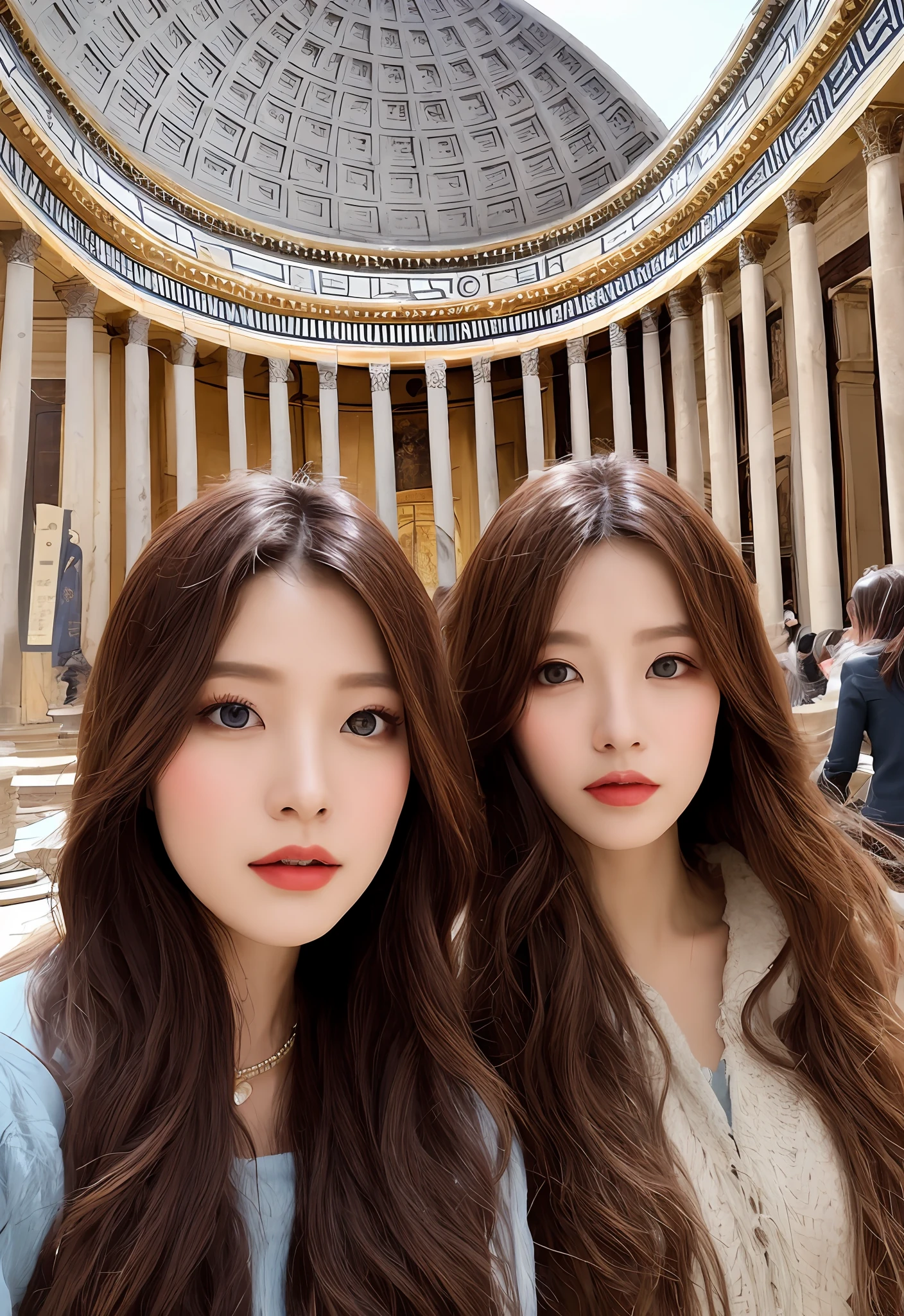 (Positive focus),2girls,duo,navel,(At the Pantheon in Rome,crowd,winter,Snowy),Surrealistic Female Portraits by David Hockney and Alphonse Mucha,Fantasy art,photograph realistic, Dynamic lighting,art stations,poster for,Volumetriclighting,Very detailed faces,4K,Award-Awarded,Fantastic costumes,Deep shadows,low tune,cowboy lens, (official outfit:1.4), looking at the camera in, Half-body shot,((Realistic face))),