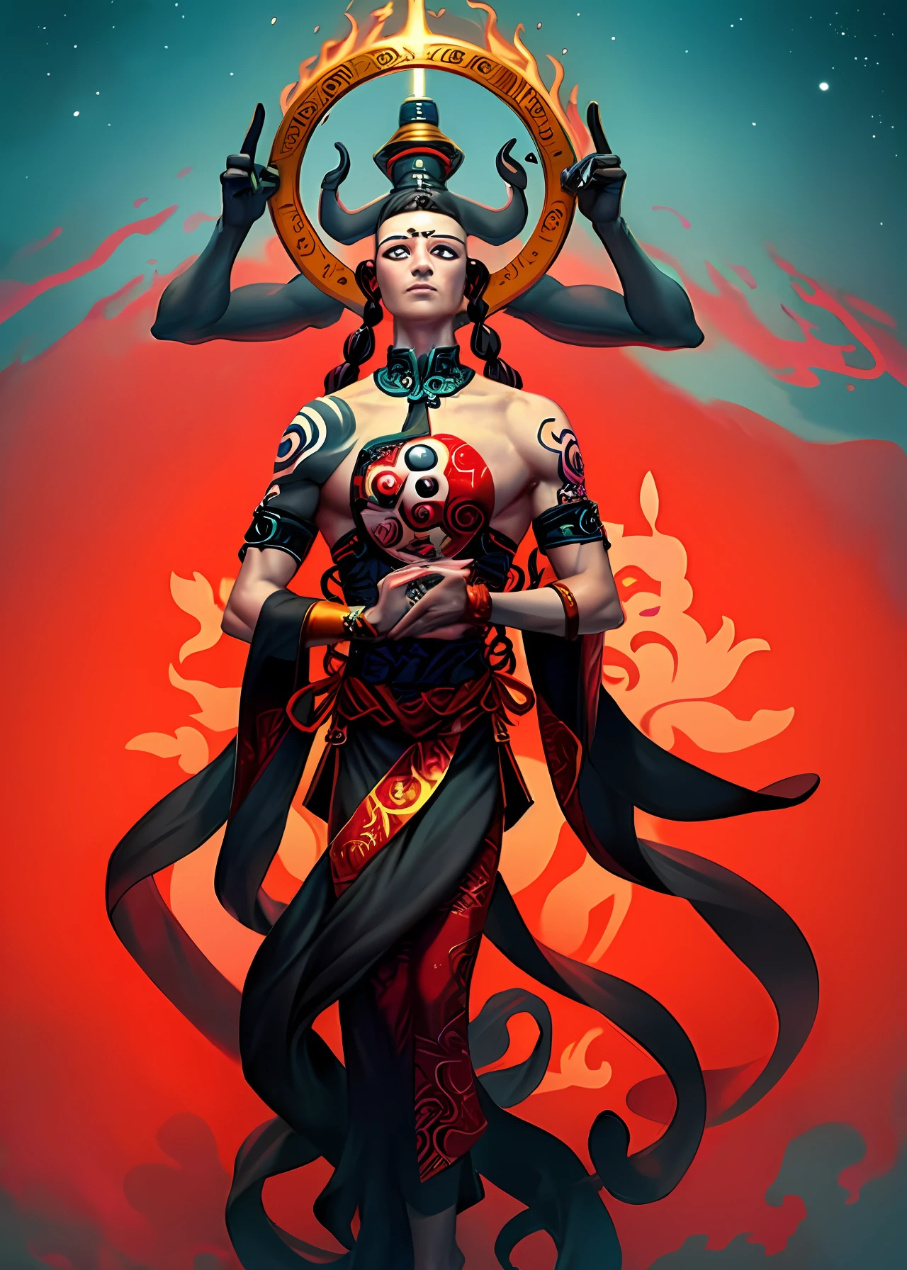 metade anjinho, metade diabo, Holding the Yin Yang symbol, estilo tatuagem, estilo escultura grega