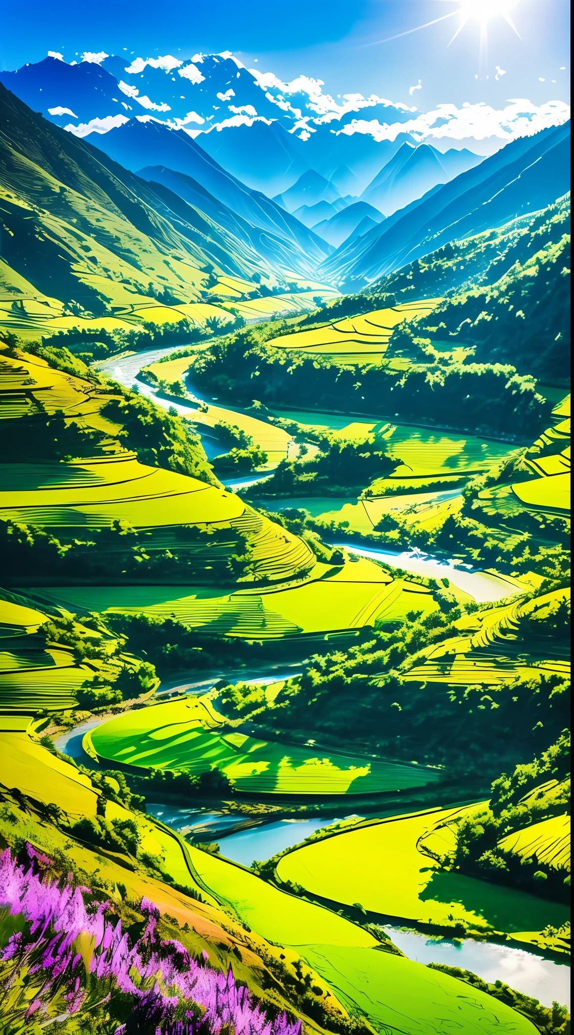 The work shows a valley full of green grass,The background is spectacular mountains。The river flows in the valley,The blue sky hangs high。The whole view is beautiful and realistic。A volumetric light effect was used in the work,It increases the three-dimensional sense of the picture。 --auto