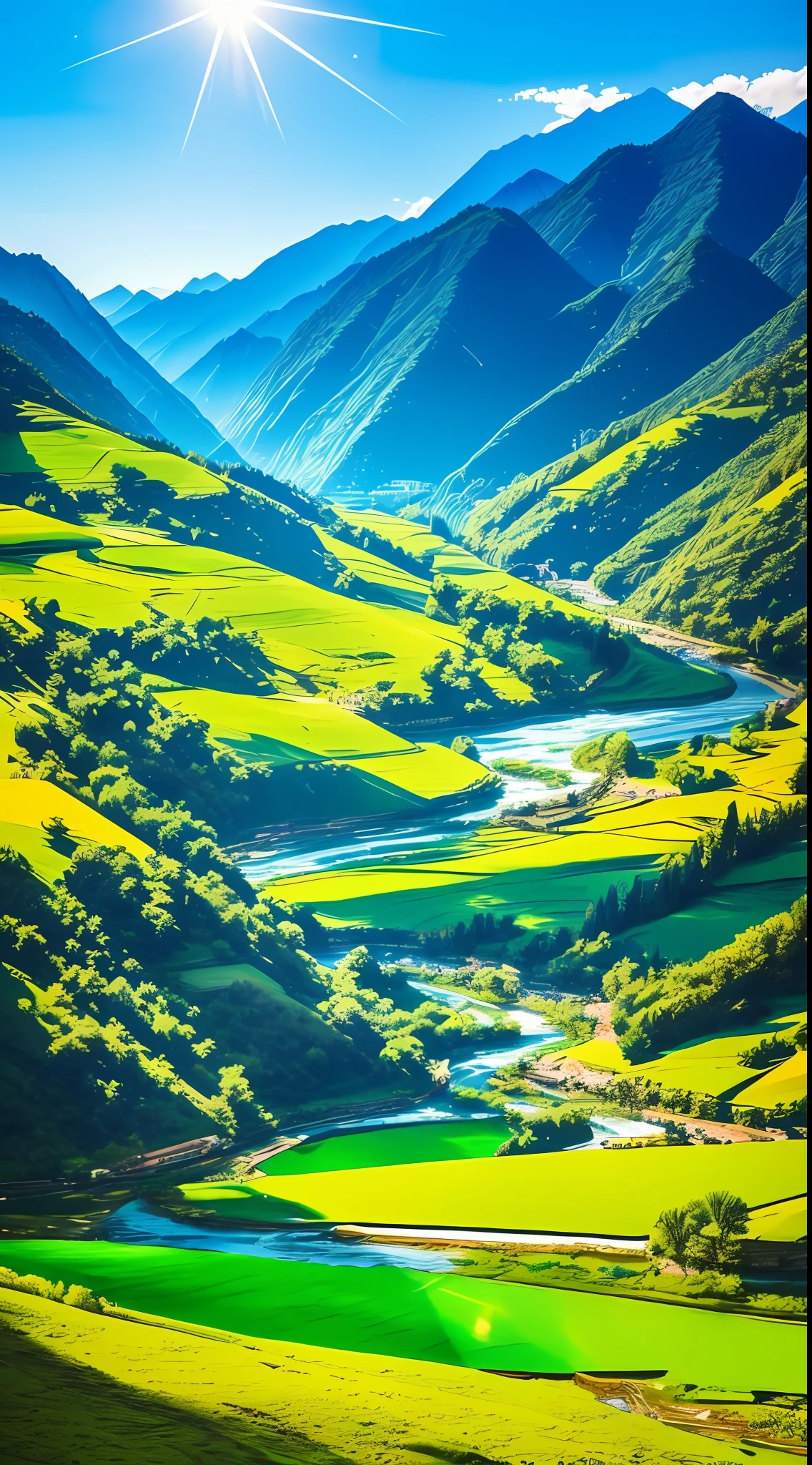 The work shows a valley full of green grass,The background is spectacular mountains。The river flows in the valley,The blue sky hangs high。The whole view is beautiful and realistic。A volumetric light effect was used in the work,It increases the three-dimensional sense of the picture。 --auto