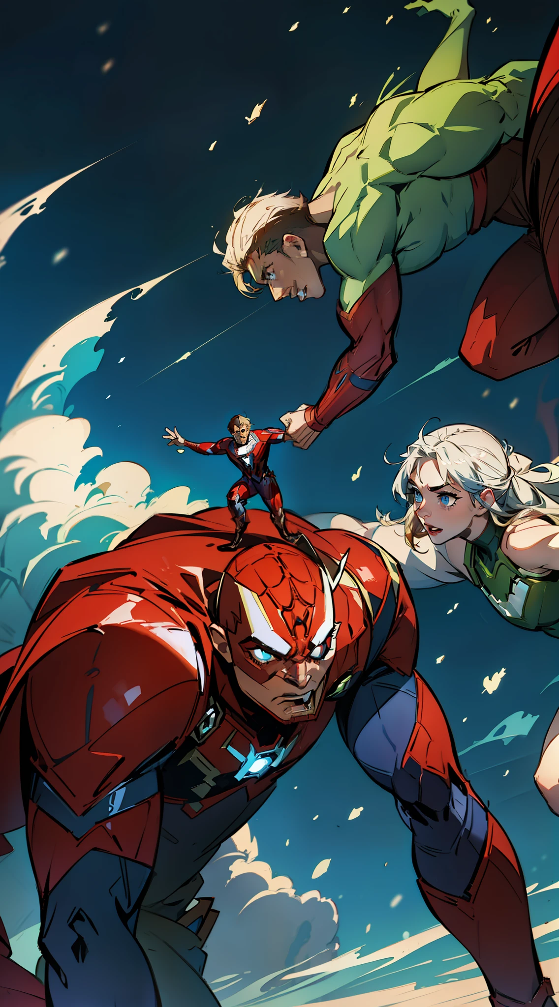 "An epic battle commences as Thor, Hulk, Iron Man, and Spider-Man join forces to save the world!"