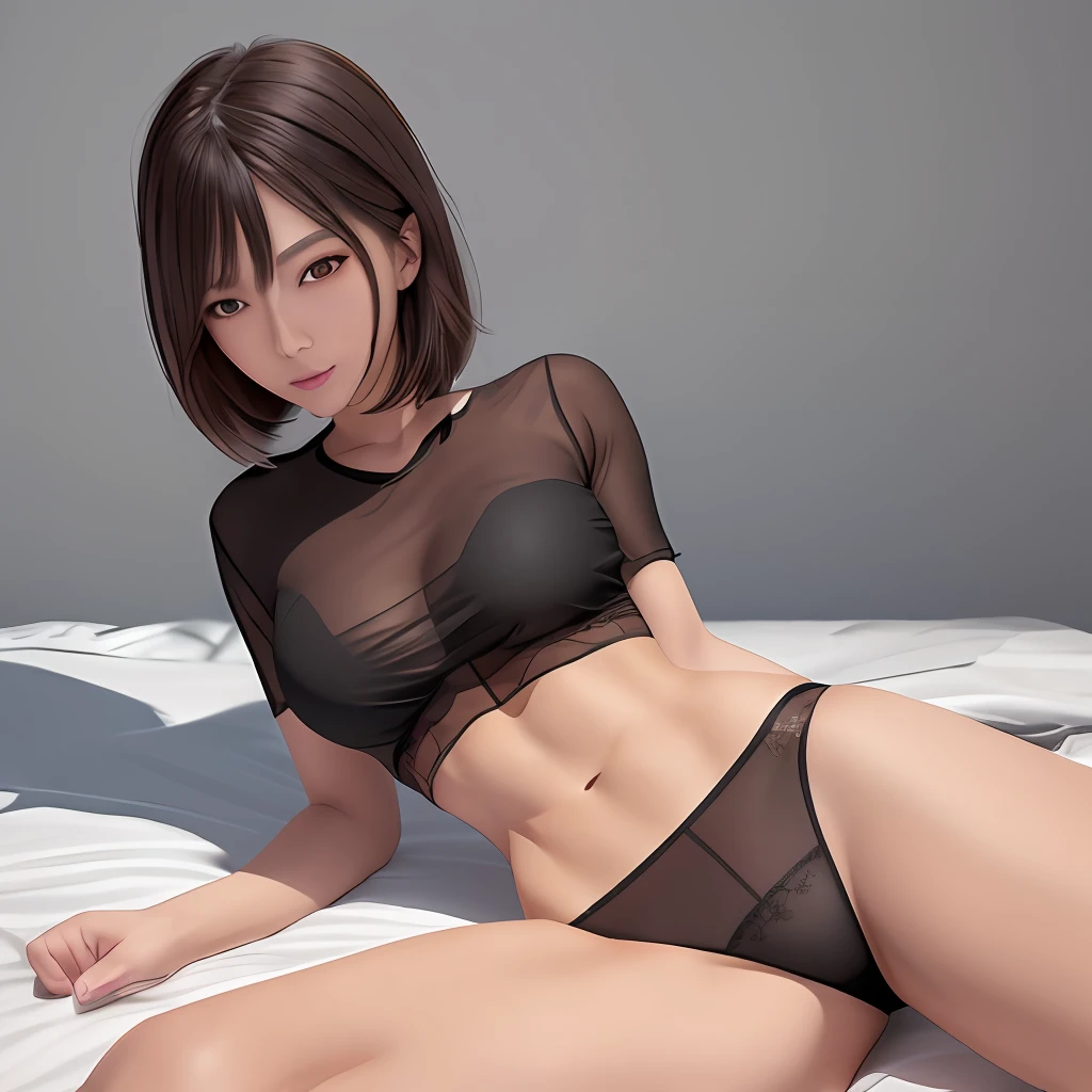 （（top Quority，8k，tmasterpiece：1.3）），sharp：1.2，Perfect body beauty：1.4，Slender abs：1.2，（（（Layered Hair Style，mediuml breasts：1.2）），Highly Detailed Face and Skin Textur，Detailed eyes，二重まぶた，（with no underpants，no brassiere），（Lie down in bed，legs are open：1.3），Visible nipple，large shirts with buttons，man shirt，wetclothes，Soaked skin，drenched clothes， see through lingerie，The pubic position shape is clearly visible