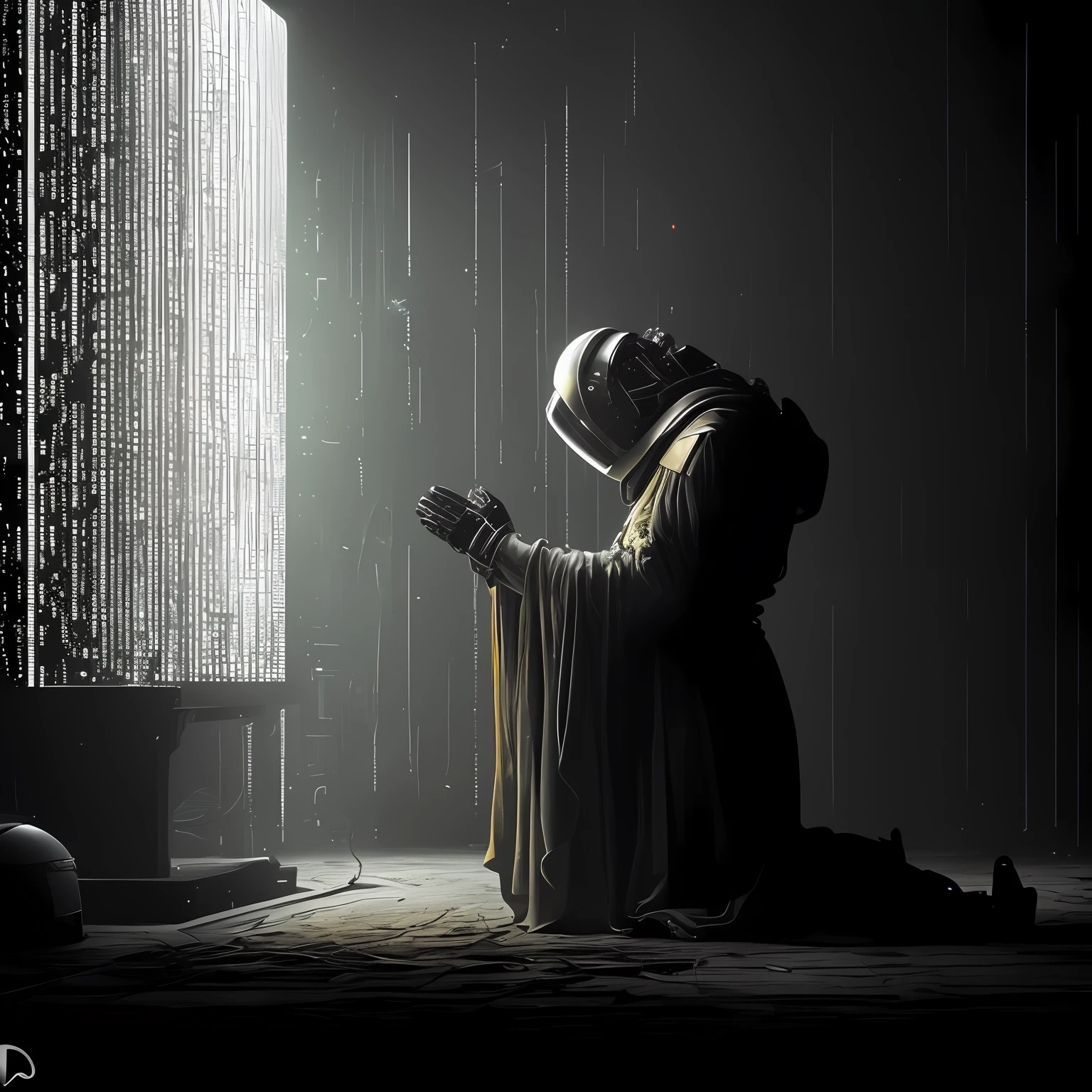A closeup of a kneeling robot praying on the ground in a dark temple in front of digital binary codes, Dan Mumford. octan render, Dan Mumford. 8K octane rendering, dystopian digital art, Dan Mumford. maya render, 3 d render bipe, Scifi religioso, por bipe, bipe. octan render, zen méditation cyberpunk, choro. Scifi