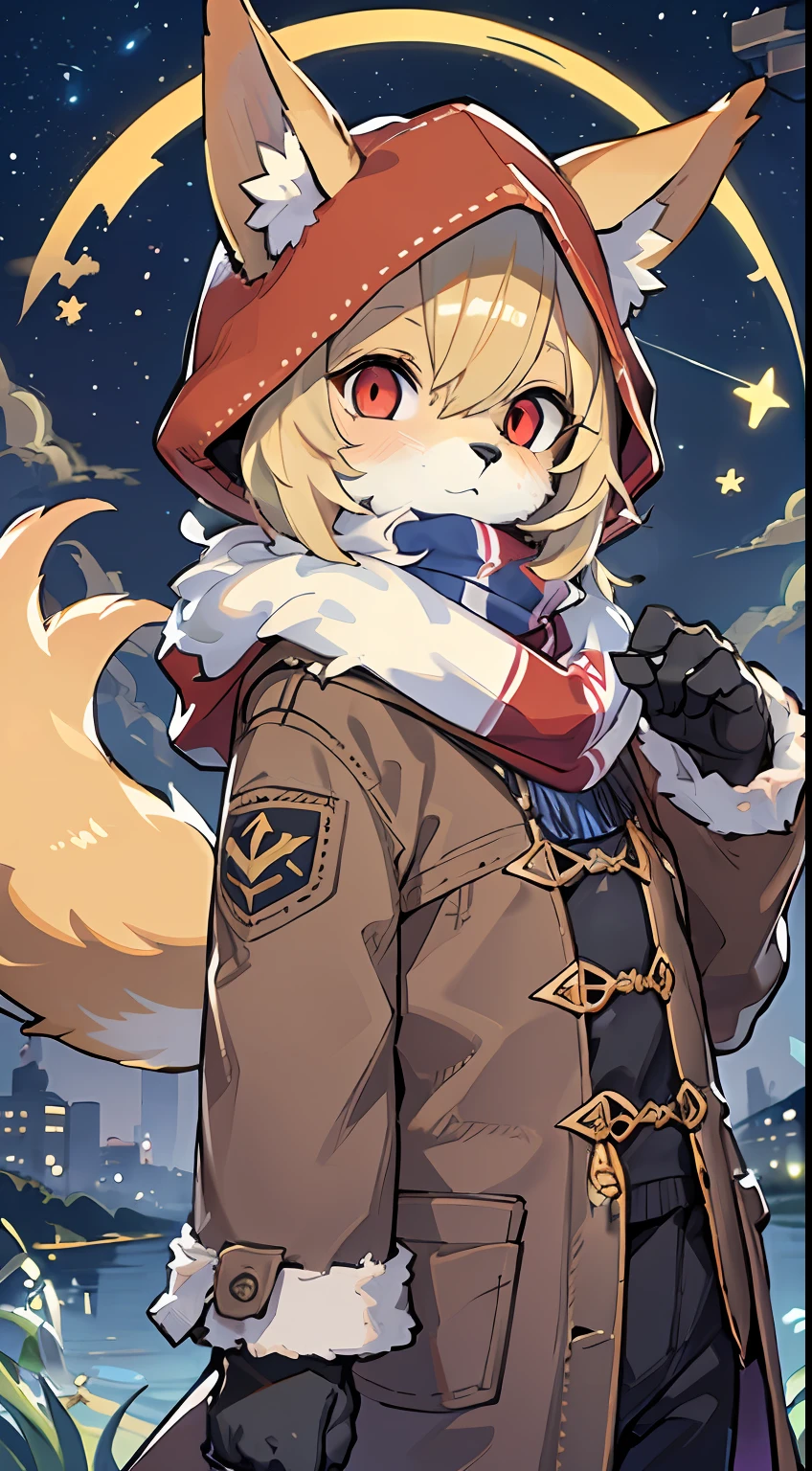 Fox Boy，Shota，hairy pubic，shaggy，Smoothes lashes，Skin fur，Golden fur，Short hair in men，Forelimb hands， solid circle eyes，Golden ears，Golden face fur , Short blonde hair，Red eyes，Super cute face，Brown elements on fur，Brown coat brown hood up，Star pattern T，Glowing eyes，Ambient light，Ultra-fine fur，volumettic light，Night,natural  lightting，fox tails，A tail，nevando，Night，A sky full of stars，meteors，full moon，By the lake，crossed bangs, Hairline, Shiny hair，Empty eyes，35mm，sharp talons。High quality, high detal, Best quality, hyper HD， Dark brown gloves，Star pattern scarf，individual，Single