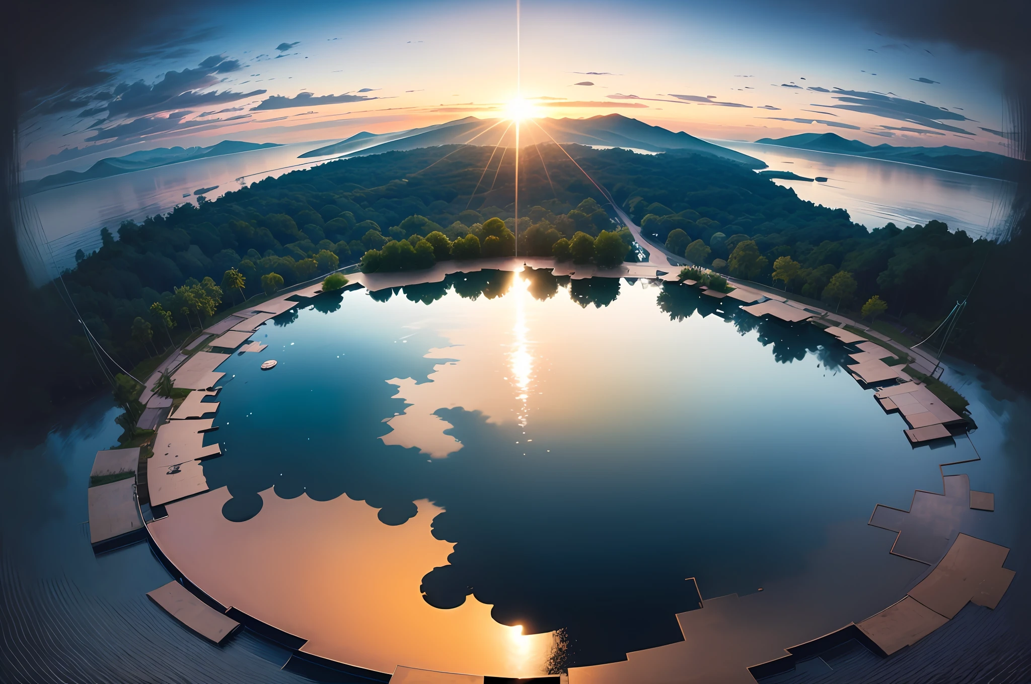 there is a woman standing on a dock in the middle of a lake, (((top-down view:1.5))), ((distant view)),infinity pool mirrors, infinity pool, infinity concentric pool, epic and stunning, paradise in the background, heaven in the top, sitting on a reflective pool, heaven on earth, sitting in a reflective pool, in a luxurious pool, stunning view, sit on the edge of swimming pool, sunrise