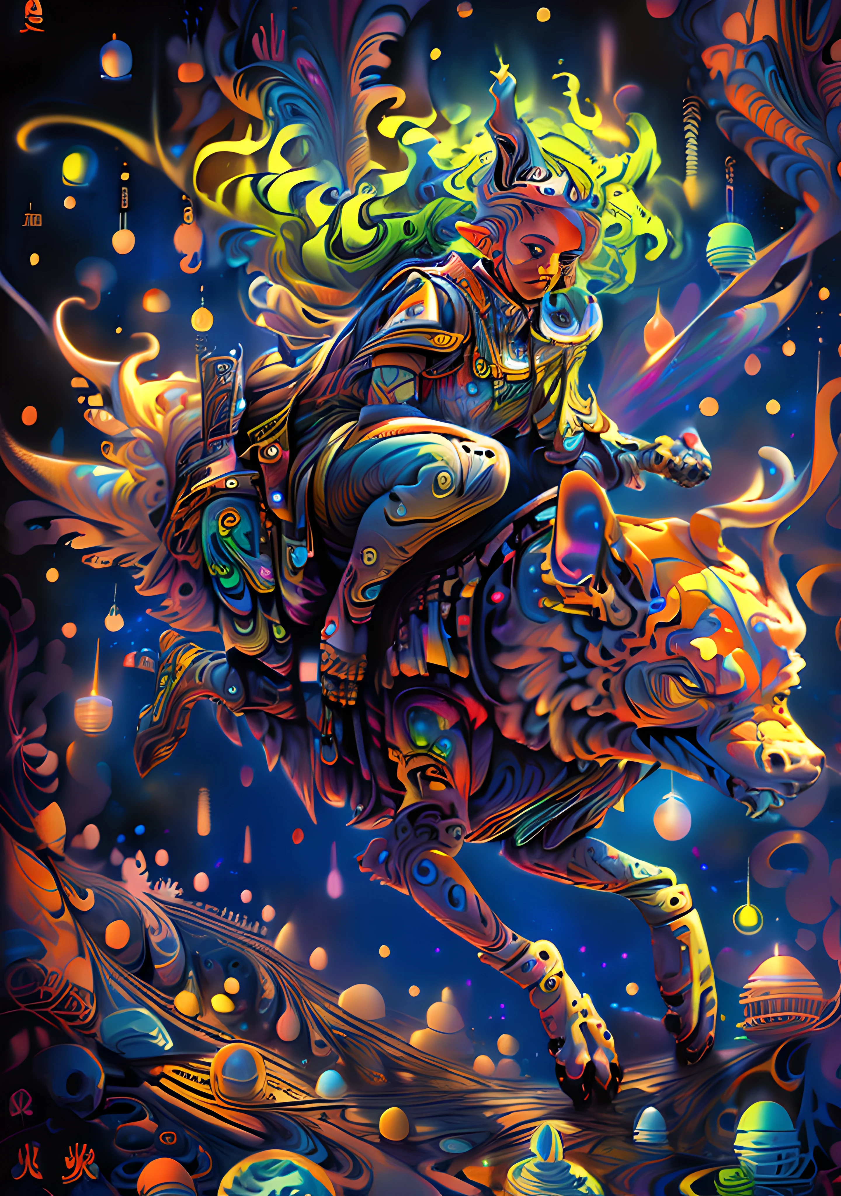 (High resolution, incredibly detailed, masterpiece), portrait of 1elf riding a flying dog on the sky, featuring fractal geometry in (vibrant colors:0.9), set against a (galactic background:1.3), bringing together complex, mesmerizing shapes and patterns,dmt ,fractal art,stars and galaxies