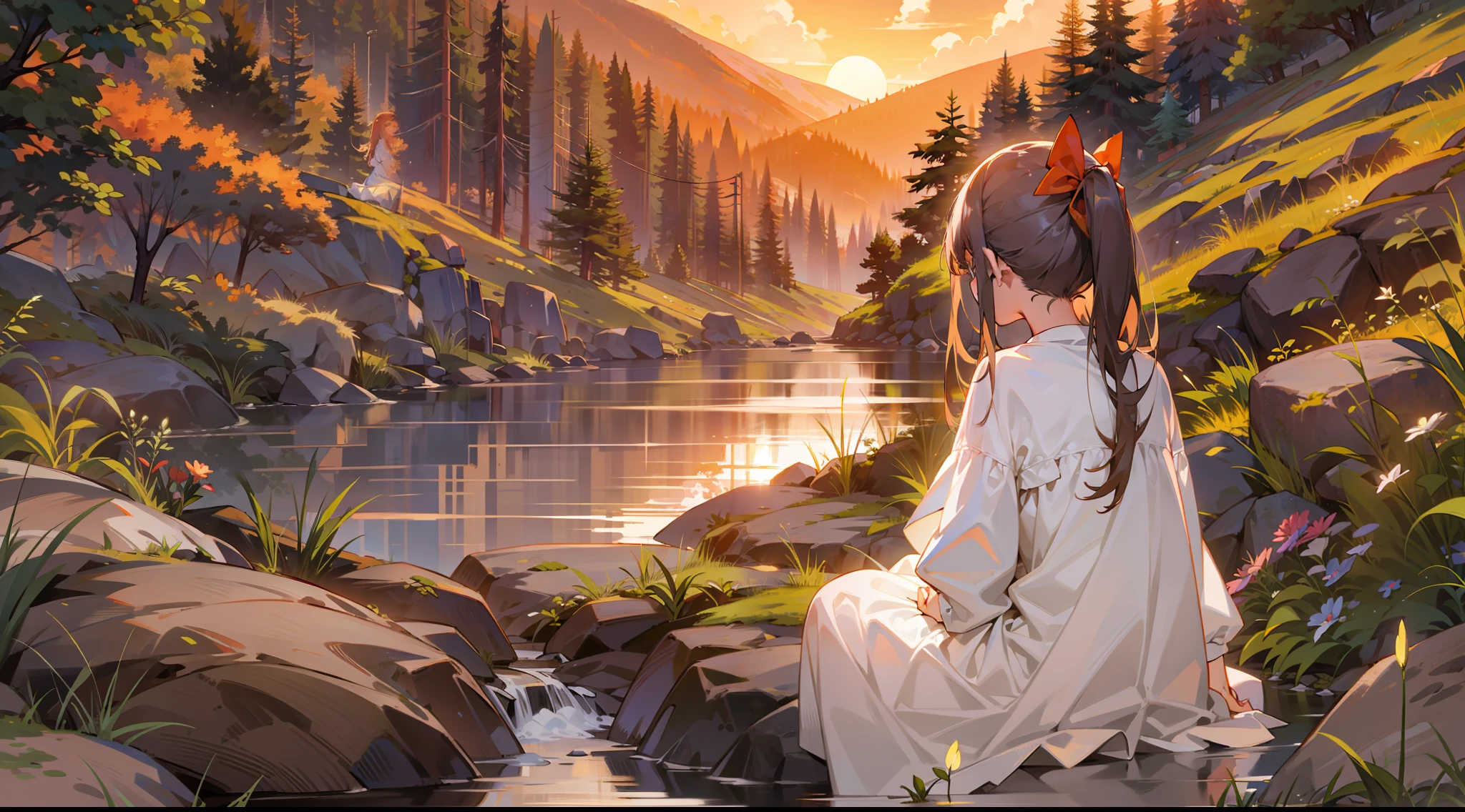 Sunset in a mountain stream, Girl in white dress sitting quietly on blanket,Watch the sunset in the sky