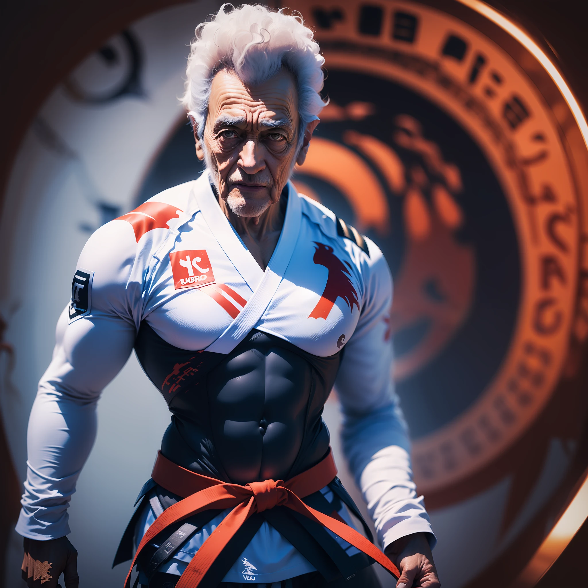(((Um homem velho rabugento usando roupas de taekwondo))), Realistic image, detalhes intrincados realista, UHD, 8k.