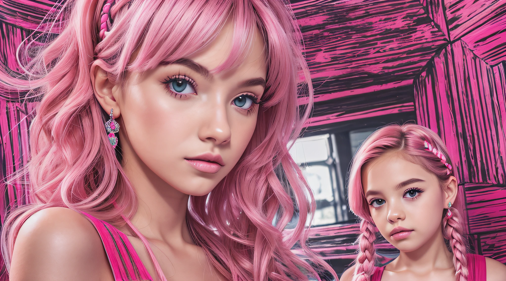 KIDS GIRL BLONDIE BRAIDS, em um vestido rosa e uma jiboia de pena rosa, menina cor-de-rosa, menina com penas, usando um vestido de penas, jiboia de penas, rosto rosa brilhante, Violeta Myers, luzes neon rosa, vestindo uma fantasia de coelho rosa, Pelo cor-de-rosa, com luzes neon, by Amelia Peláez, pelo fofo rosa, neon pink, pink iconic character, quarto cor-de-rosa iluminado