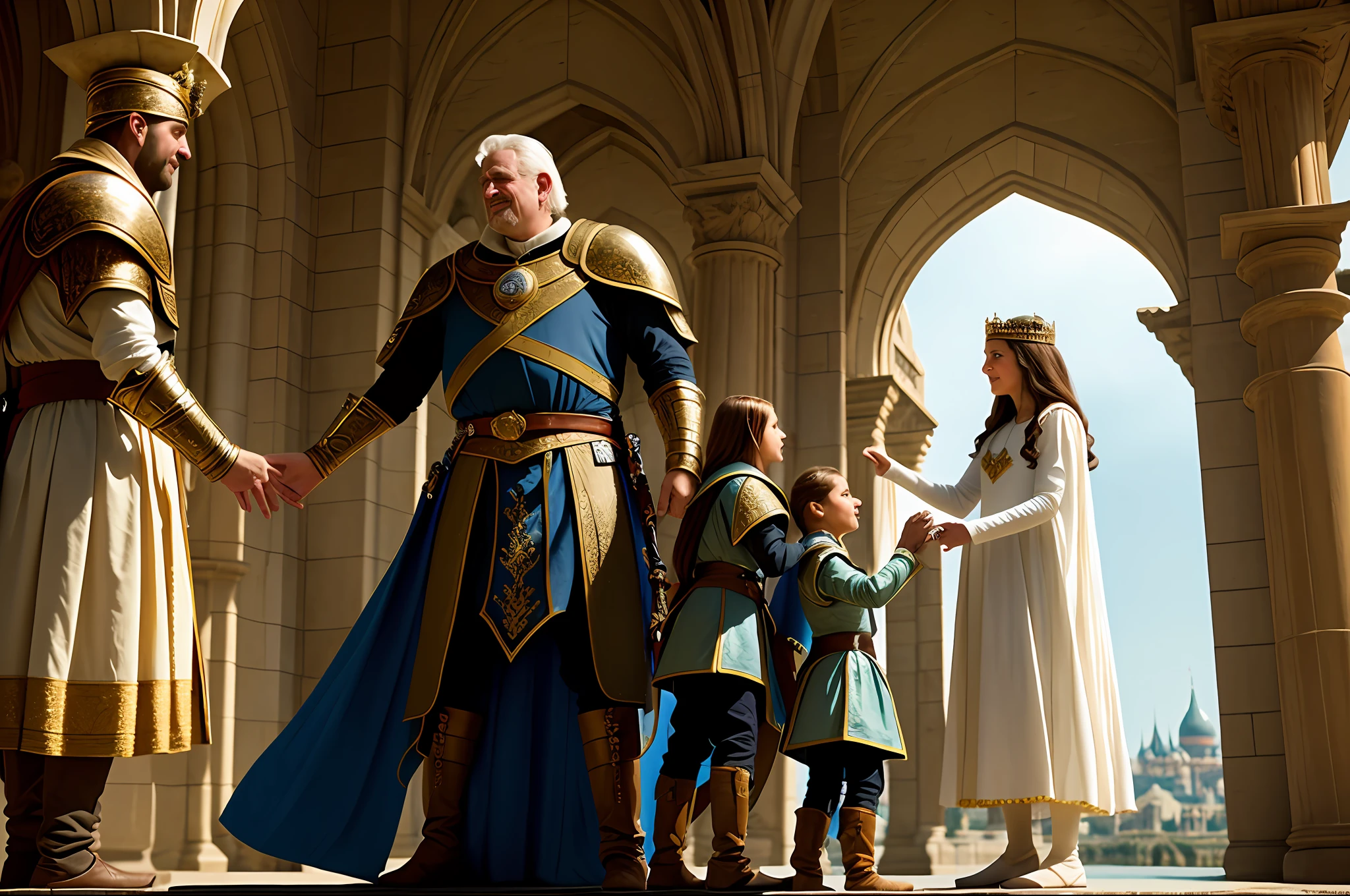 In the medieval realm of Lord Kilaf, the high-quality cinematography paints a captivating picture of the grand castle, adorned with intricate details and majestic architecture. Lord Kilaf, moved by the kid's situation, takes young Rog as his own, welcoming him into the royal family with open arms. The video captures the heartwarming moment, with the camera focusing on the genuine emotions reflected in Lord Kilaf's eyes and Rog's expression of gratitude and joy. Princess Mila stands beside her father, sharing in the happiness of this newfound family bond. The cinematography, with its attention to every detail, evokes a sense of compassion and unity within the medieval realm, portraying a world where love and acceptance transcend boundaries and forge unbreakable ties between noble hearts. As Rog grows up close to Princess Mila, viewers will witness their friendship blossoming amidst the splendor and enchantment of Lord Kilaf's kingdom.