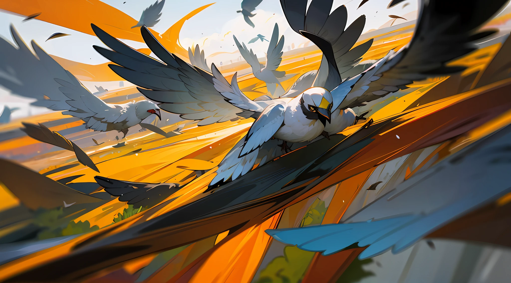 Use comandos para criar uma estampa abstrata de aves em movimento, em fundo preto, with dynamic lines.