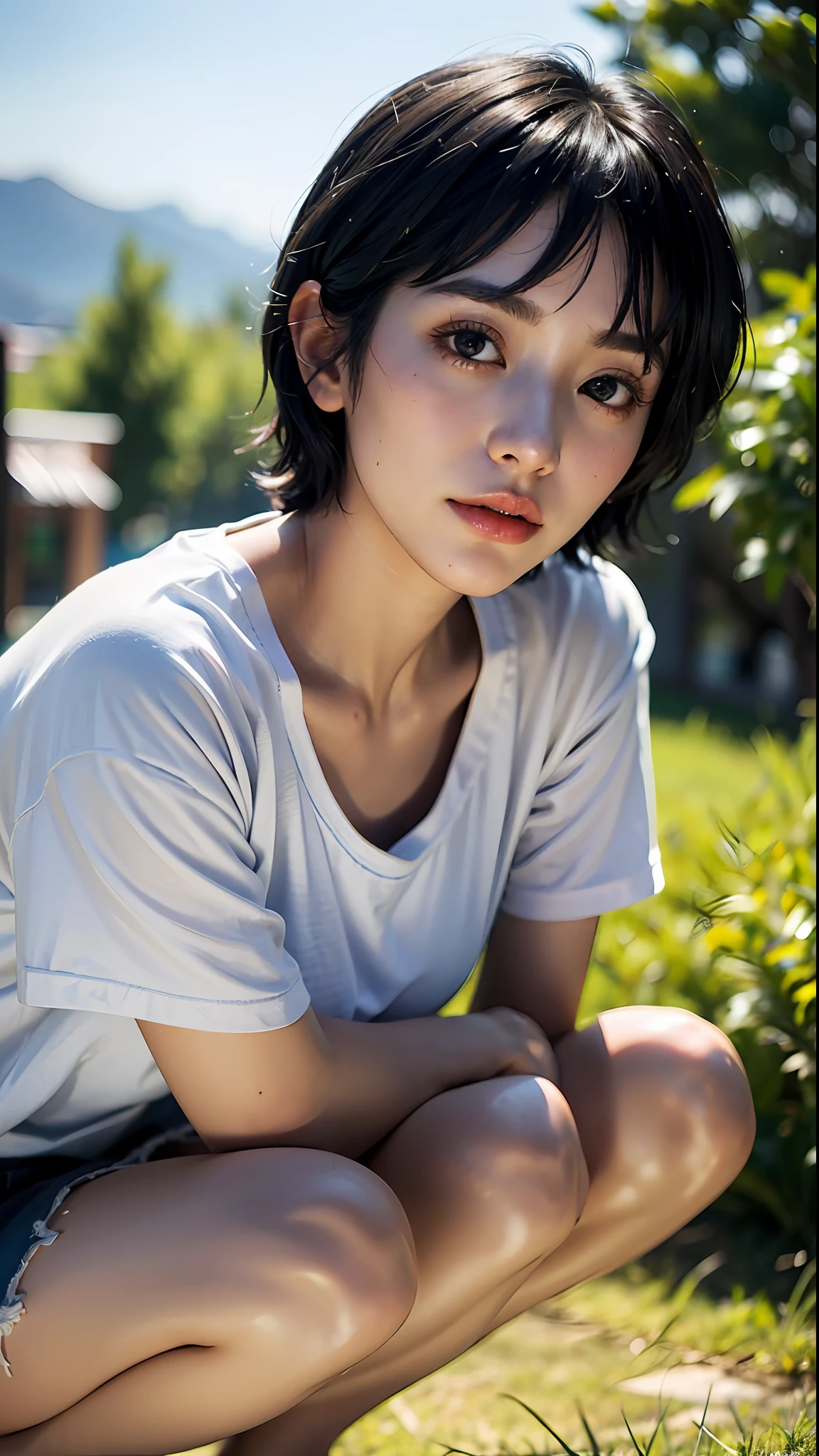 (Best quality, 8k, 32k, Masterpiece, UHD:1.2),Photo of Pretty Japanese woman,black short hair,beauty face,(leaning forward:1.3),squatting,(from above:1.2),(close up:1.4),pov,loose t-shirt,large breasts,(beautiful nipple slip:0.9),outdoors,windy,shiny skin,blurry background,