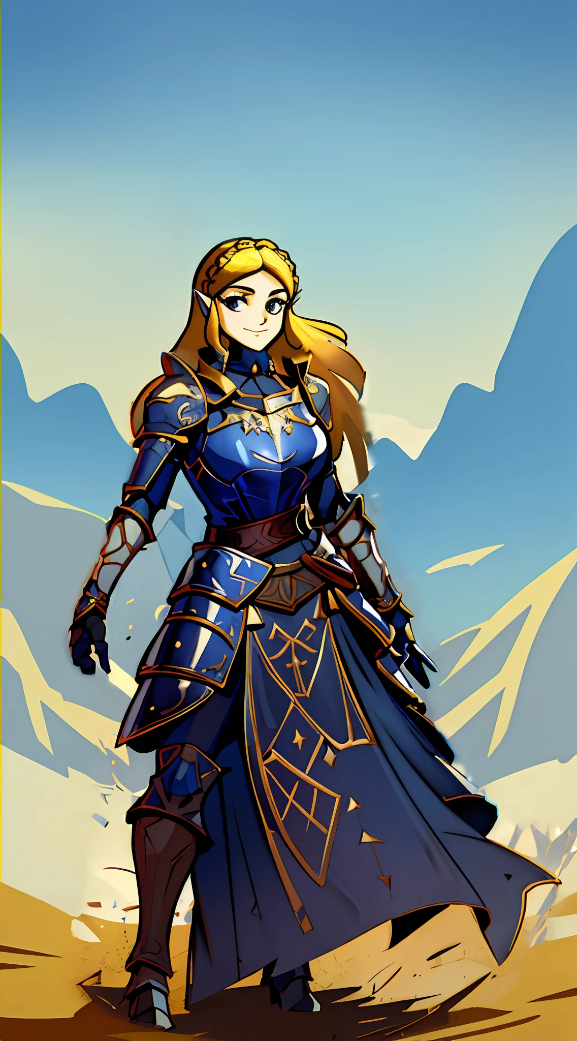 Botw Zelda wearing Heavy knight armor, Botw Themed Knight armor, Royal blue and gold body armor, thick armor plating, Gold accents with brown straps, brown belt with gold accents, Heavy Blue armor, Armored dress, Large knight armor, form-fitting knight armor, helmetless, helmet held in arm, wearing princess tiara, Botw Zelda looking at camera, Botw Zelda wearing thick knight armor with helmet under arm, wearing heavy plate armor