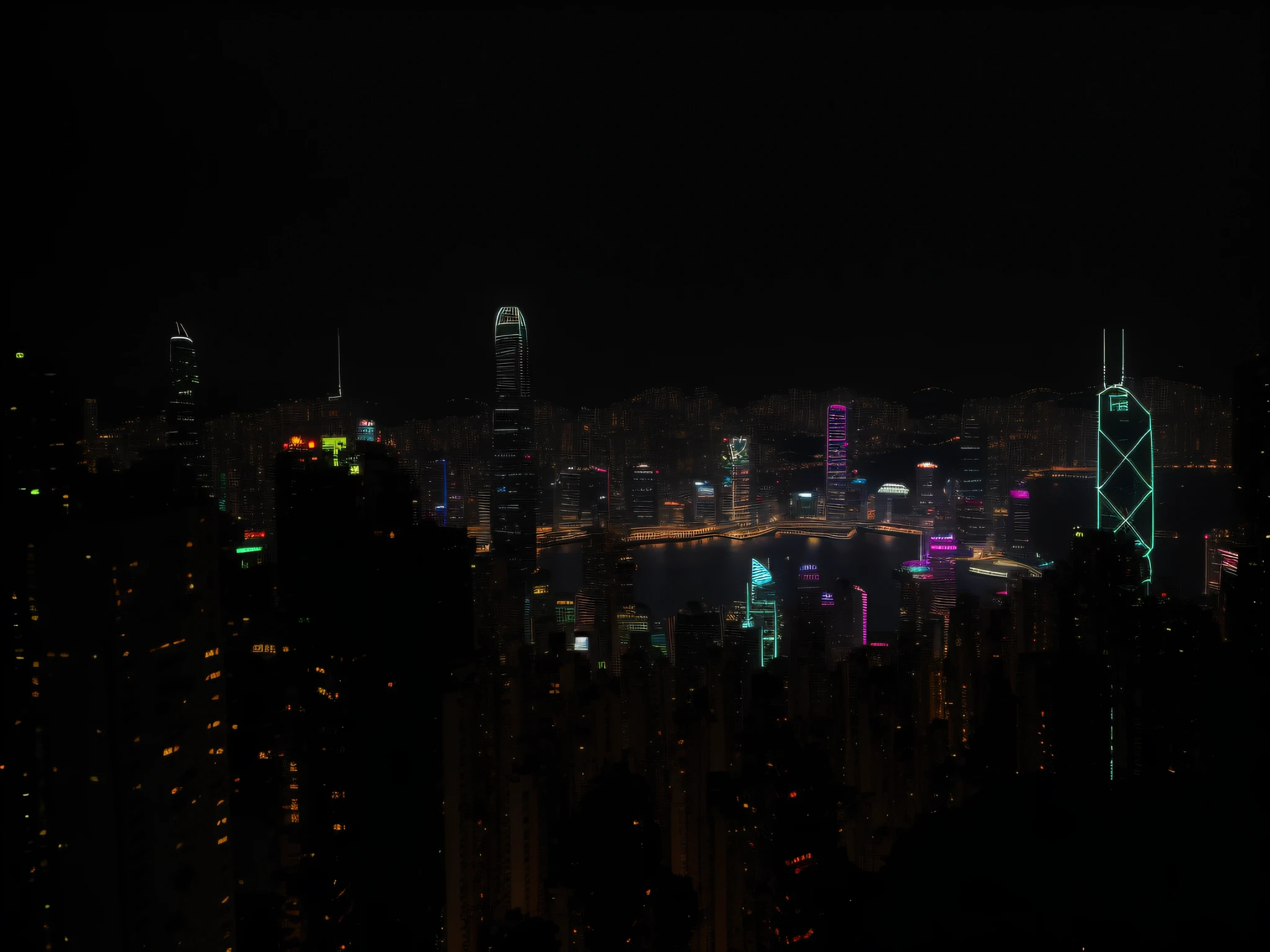 8K, RAW, Artful view of a city at night with a lot of lights on the tall skyscraper, Hong Kong City, scenic view at night, city lights in the background, shot with a Canon 20mm lens, the city that never sleeps, Cyberpunk, Vaper punk, Synthwave, Futurism, anti-utopia, Feeling depressed and unable to breathe in the city, Masterpiece, high-res, high-quality, (make it brighter)