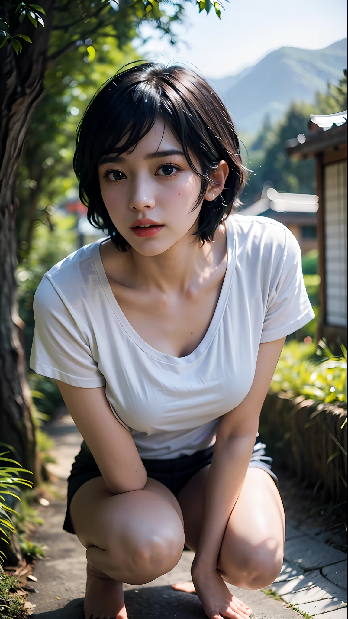 (Best quality, 8k, 32k, Masterpiece, UHD:1.2),Photo of Pretty Japanese woman,black short hair,beauty face,(leaning forward:1.3),squatting,(from above:1.2),(close up:1.4),pov,loose t-shirt,large breasts,(beautiful nipple slip:0.9),outdoors,windy,shiny skin,blurry background,