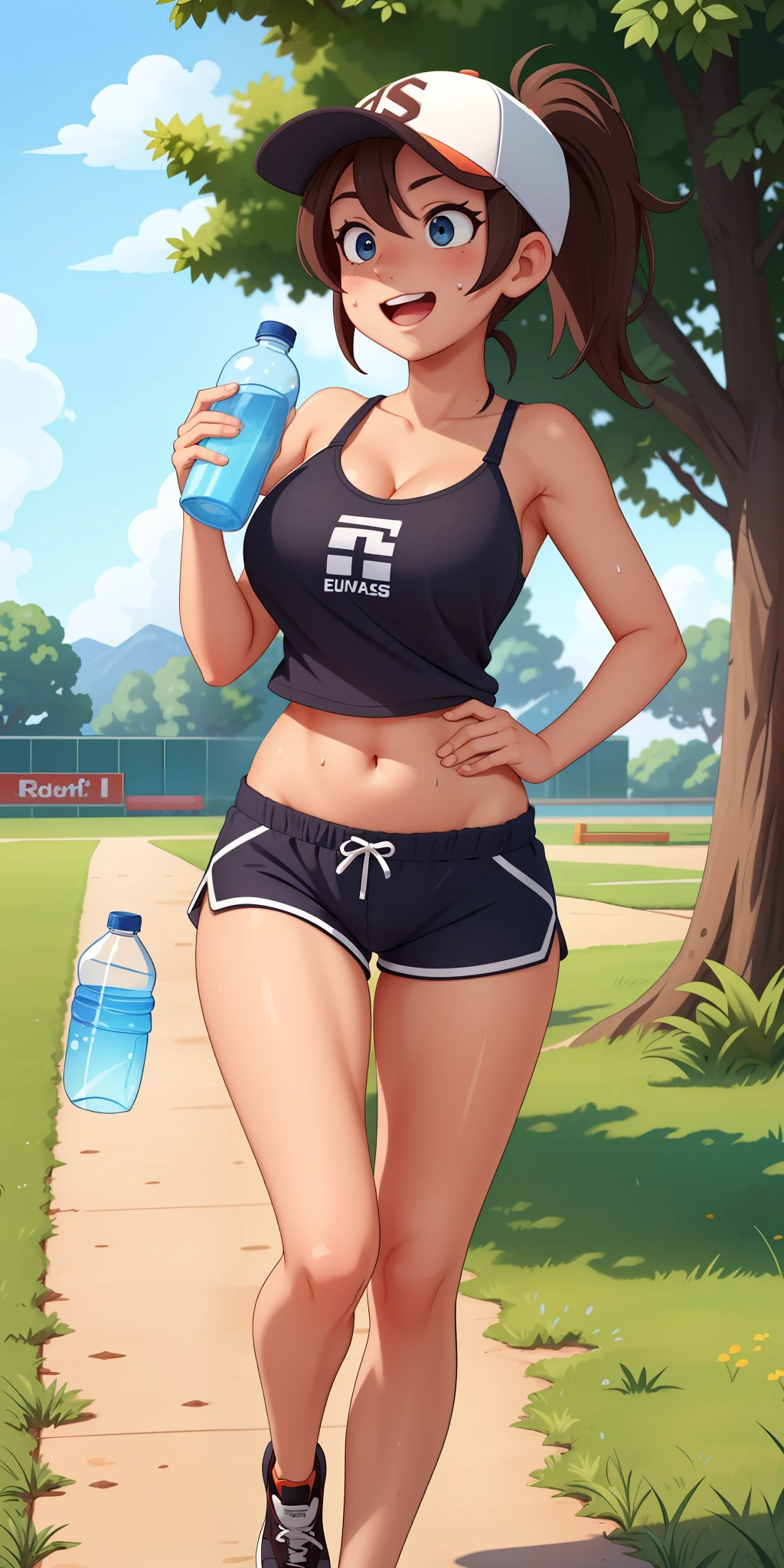 beautiful, (masterpiece:1.2), (best quality:1.2), perfect eyes, perfect face, perfect lighting, 1girl, ass, back, backboob, baseball cap, black panties, breasts, brown hair, spaghetti strap, cutoffs, , running shorts, hat, highleg, highleg panties, long hair, median furrow, large breasts, micro shorts, panties, ponytail, short shorts, shorts, sideboob, simple background, solo, tank top, thighs, thong, underboob, underwear, field, grass, walkway, huge ass, wide hips, running, sweating, holding water bottle, open mouth smile, jogging, 3/4 view, bouncing breasts:1.2, fan service, fanservice, cute anime face, action, motion, motion lines