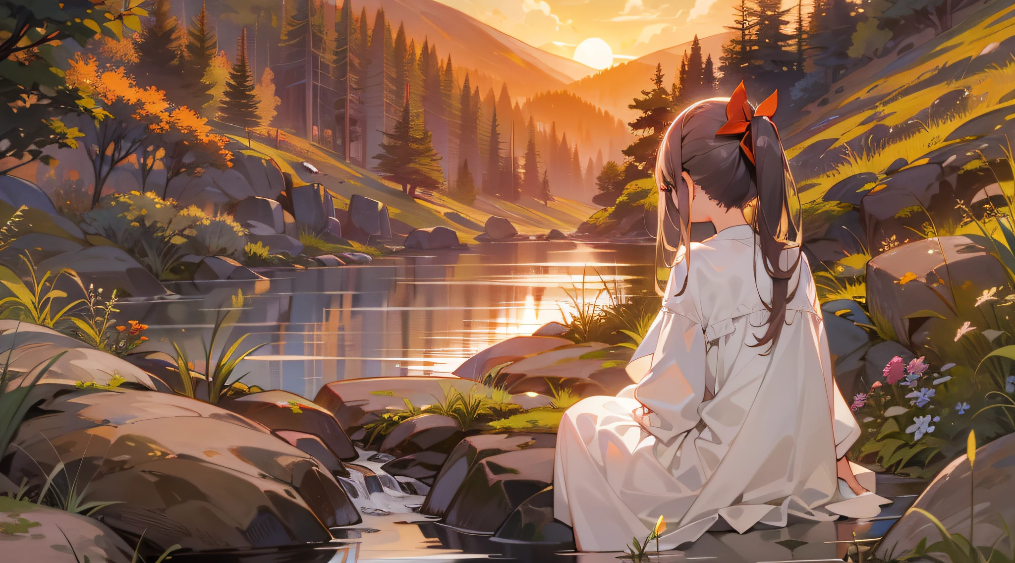 Sunset in a mountain stream, Girl in white dress sitting quietly on blanket，Watch the sunset in the sky