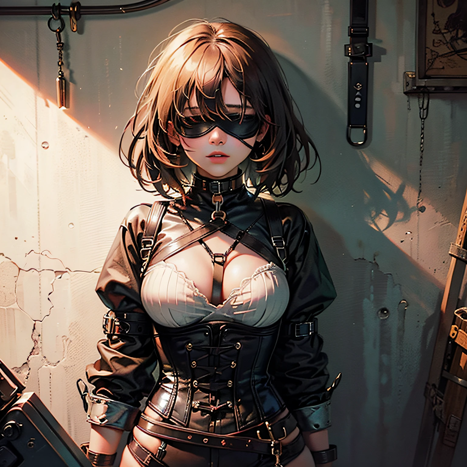 (Best Quality, Masterpiece: 1.1), (Fidelity: 1.4), 1 Girl, Upper Body, Very Short Hair, Studio, BDSM, slave, Black Corset, Bondage, Slave Collar, Slave, Panties, Woman Tied With Rope, Blindfold, Handcuffs, Bondage, BDSM, Bound --auto