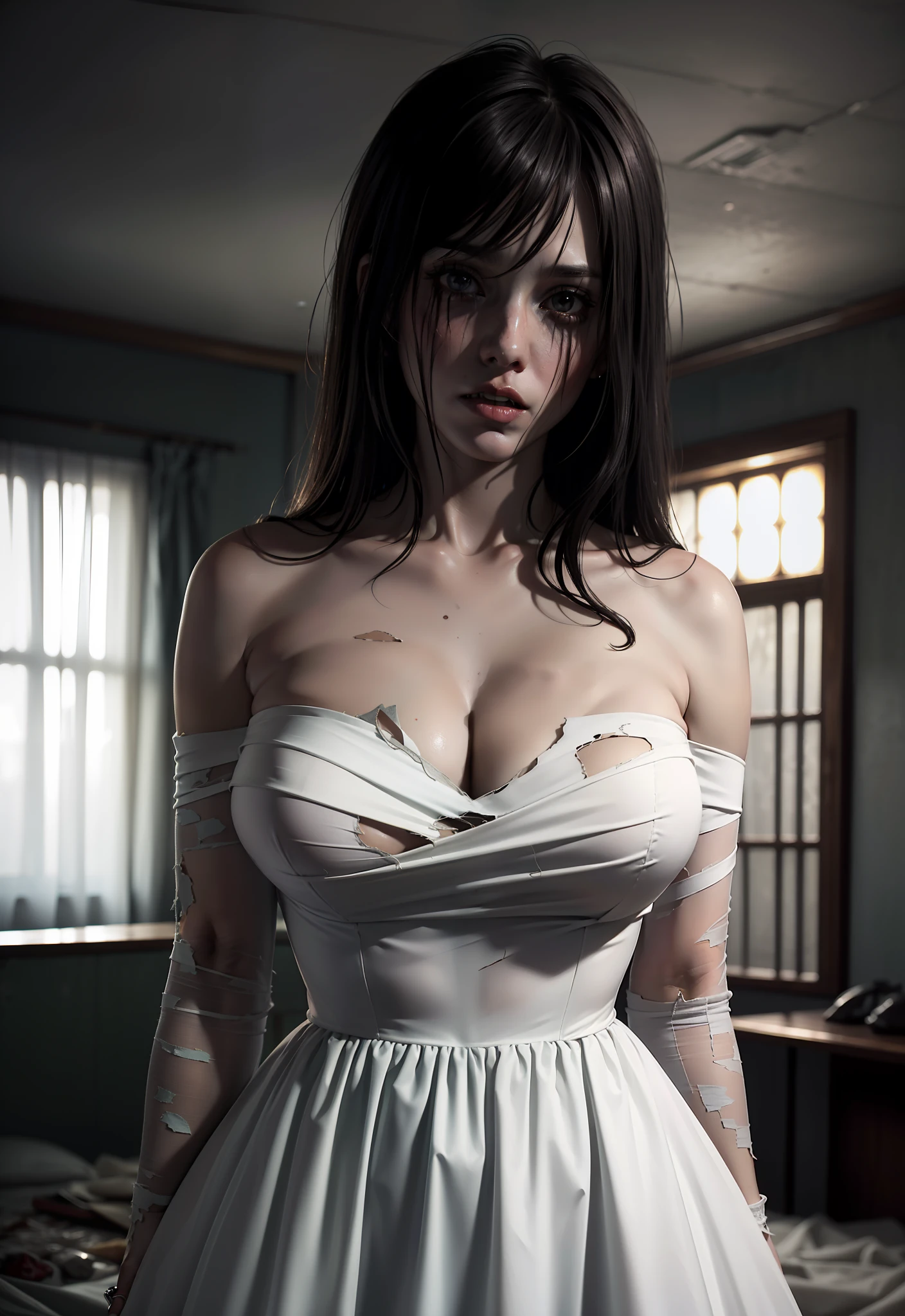 {{super Long bangs are hanging down, face and eyes are hidden by long bangs hair}}, sexy zombie, Realistic Japan horror movie taste images, masterpiece, (Best Quality), (absurdness quality), High resolution, 32K, (Photorealistic:1.4), Black hair, (((Strapless, torn White Dress))), Spooky Ghost Woman, Messy abandoned house, TV in room, Dark atmosphere, Super huge cleavage exposed from white dress, Full body shot, whole room view, Super big breasts spilled out of the dress,