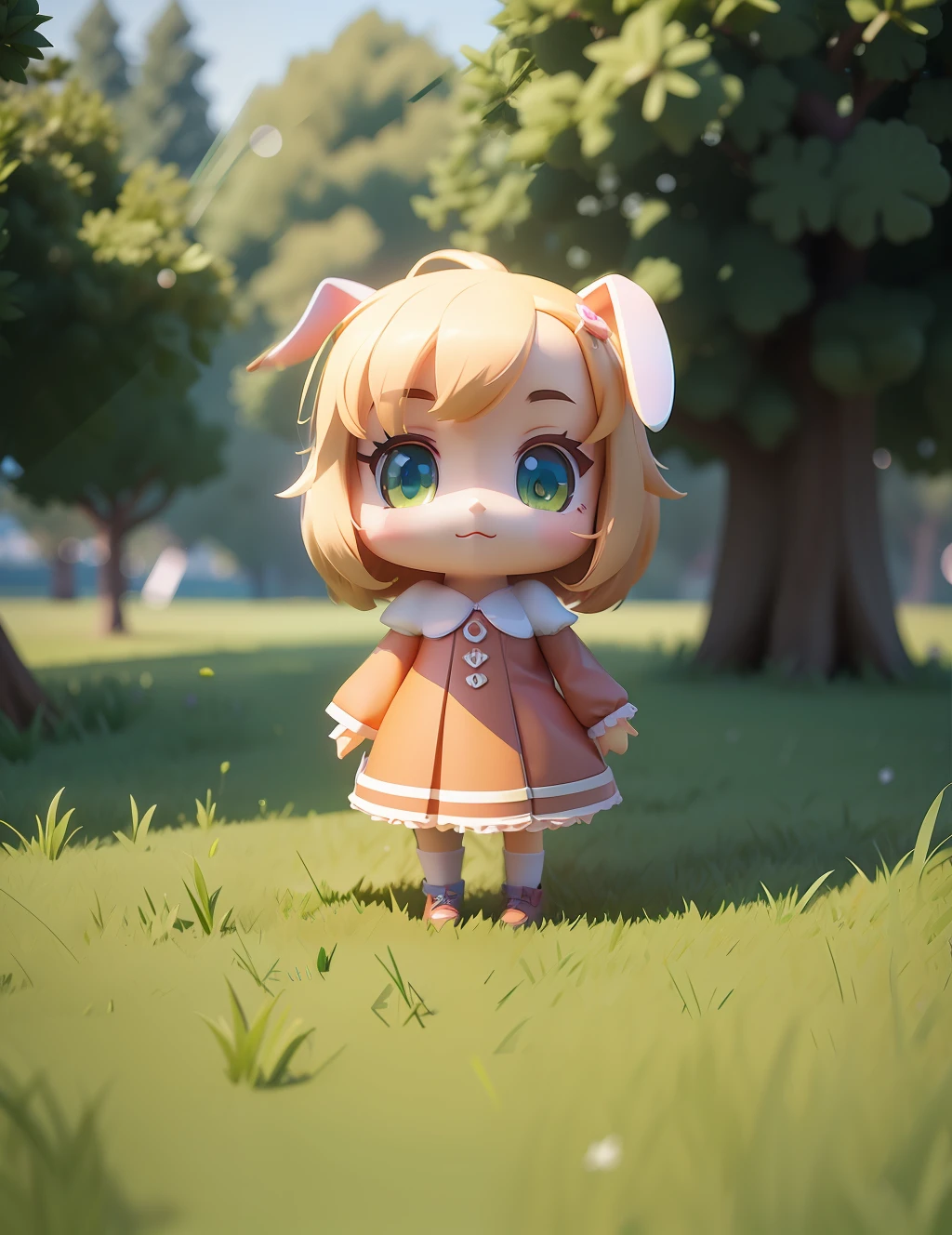 Anime - Stylistic image of a girl in a dress standing in a field, Has a pair of cute dog ears,cute 3 d render, cute character, render of a cute 3d anime girl, Stylized anime, Cute detailed digital art, Anime Stylization, original chibi bunny girl, anime styled 3d, lovely digital painting, advanced digital chibi art, 3 d render stylized