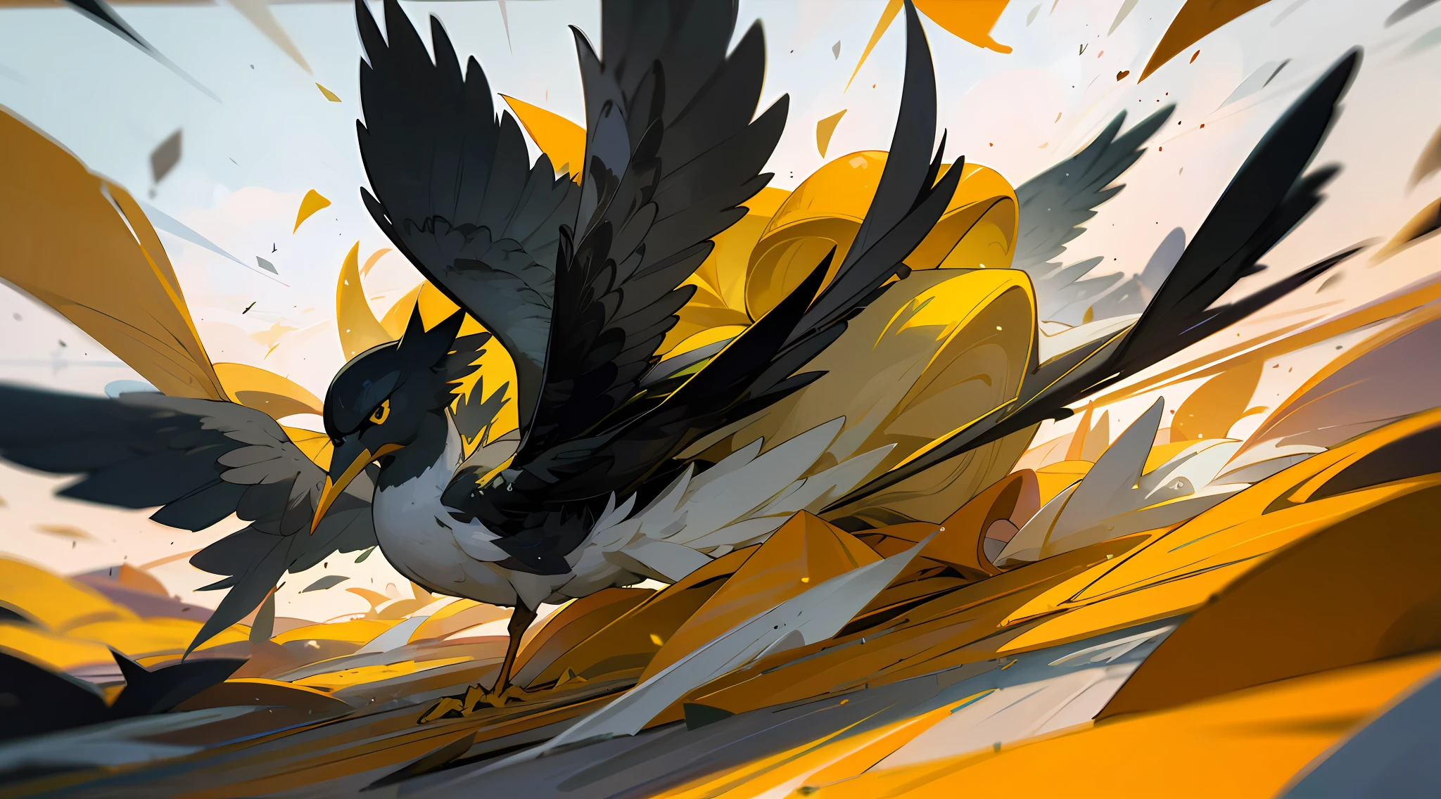 Use comandos para criar uma estampa abstrata de aves em movimento, em fundo preto, with dynamic lines.
