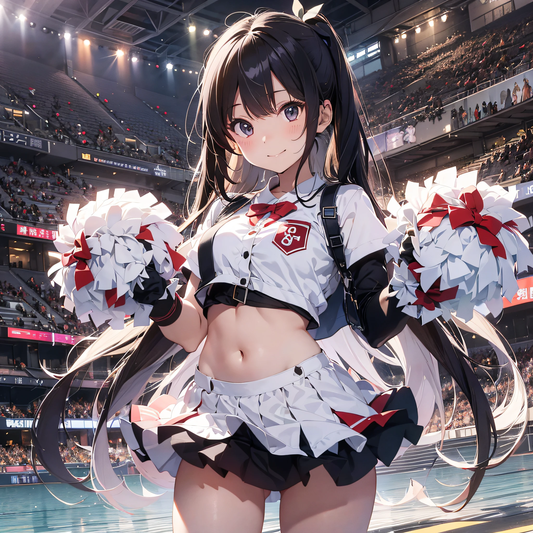 2guys、Ala Fed Asian cheerleader posing dynamically with large pom-poms in both hands in stadium、write、a closeup、cosplay foto、Anime Cosplay、tiny chest、Raw photography, top-quality, hight resolution, (masterpiece), (Photorealsitic:1.4), professional photograpy, foco nítido, nffsw, 8K分辨率, intricate detailes, depth of fields, the Extremely Detailed CG Unity 8K Wallpapers, front lit, girl with, beautiful supermodel, A smile、A slender、Mary Rose、Twin tail hair、Korean style uniform、Peeking from below、(skinny thigh)、White underwear is visible