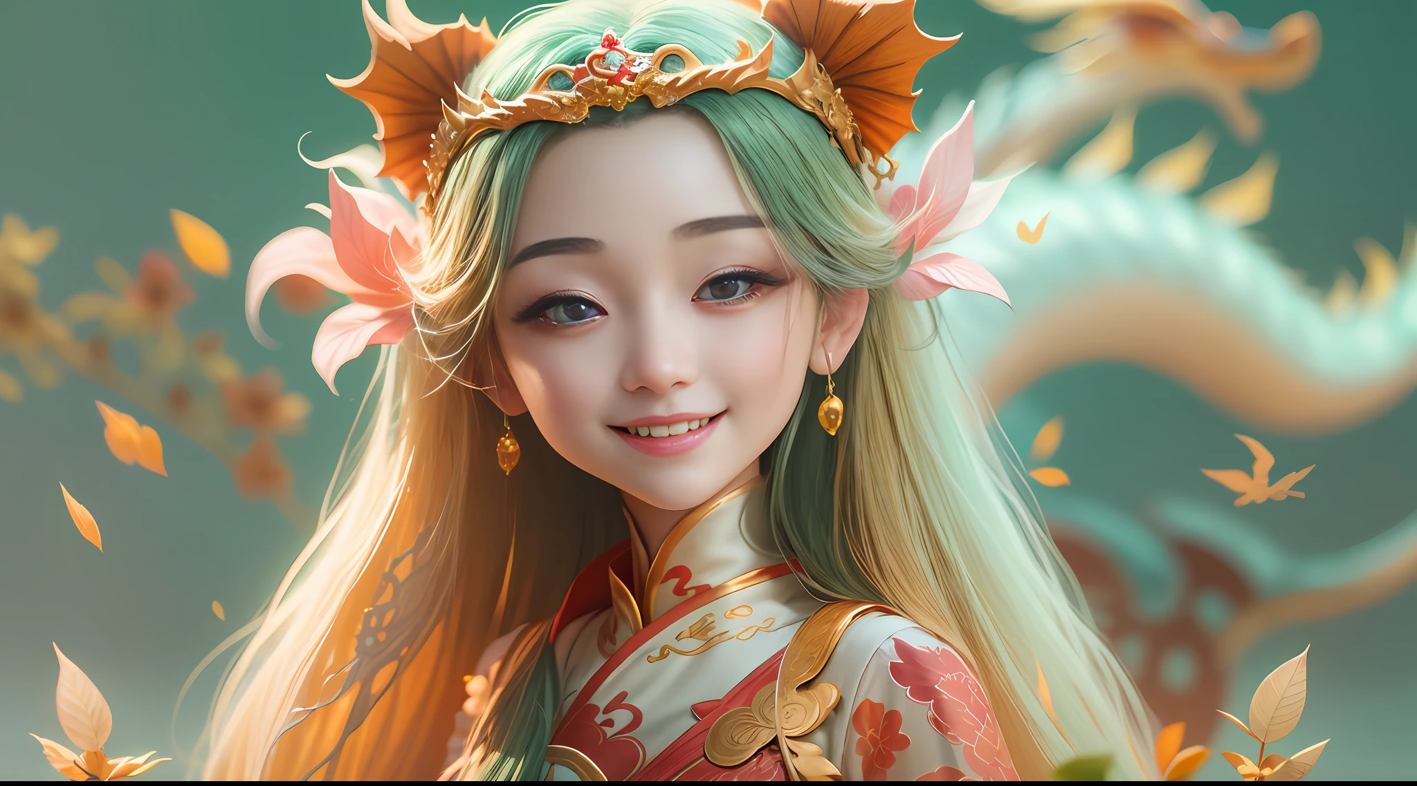 a chinese dragon bjd girl + chinese dragon's Features,long hair,smile happily,delicate and fine,fairy tales,incredibly high detailed,Pixar style, bright color,Natural light,Simple background with pure color,half-body,perfect composition,5 and Octane Render,trending on artstation,Gorgeous,ultra wide angle,8K,