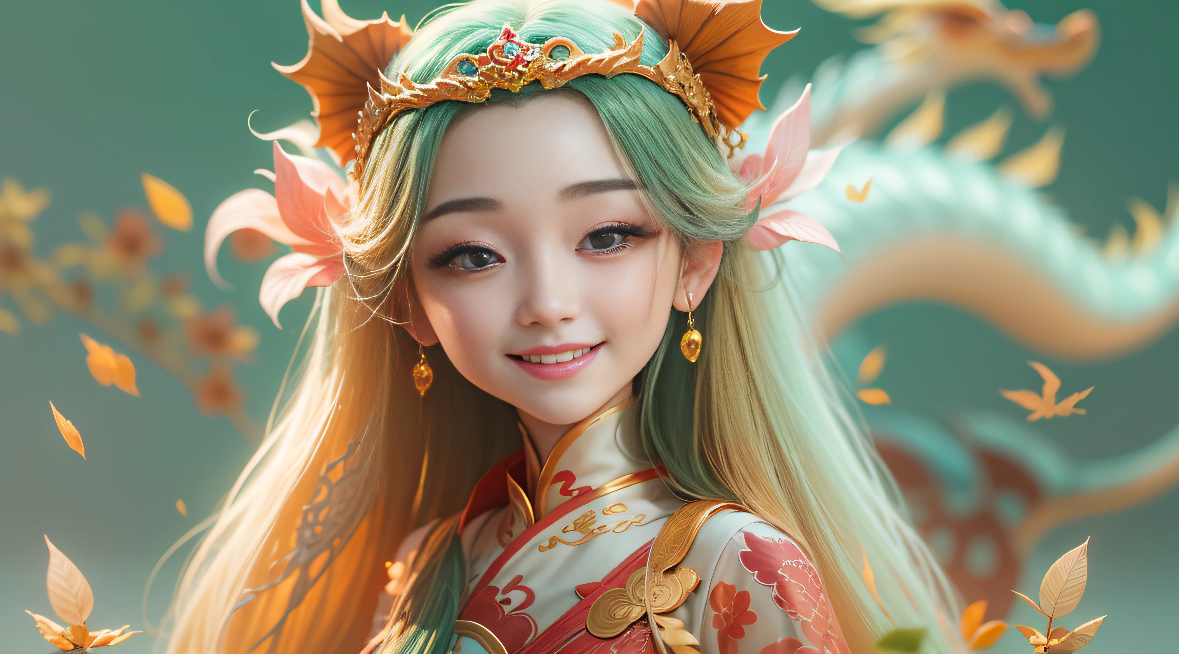 a chinese dragon bjd girl + chinese dragon's Features,long hair,smile happily,delicate and fine,fairy tales,incredibly high detailed,Pixar style, bright color,Natural light,Simple background with pure color,half-body,perfect composition,5 and Octane Render,trending on artstation,Gorgeous,ultra wide angle,8K,