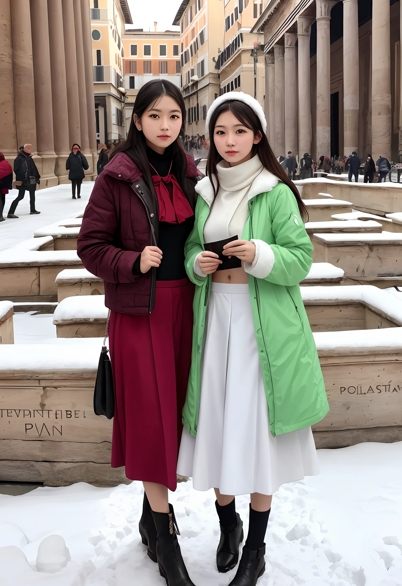 (Positive focus),2girls,duo,navel,(At the Pantheon in Rome,crowd,winter,Snowy),Surrealistic Female Portraits by David Hockney and Alphonse Mucha,Fantasy art,photograph realistic, Dynamic lighting,art stations,poster for,Volumetriclighting,Very detailed faces,4K,Award-Awarded,Fantastic costumes,Deep shadows,low tune,cowboy lens, (official outfit:1.4), looking at the camera in, Half-body shot,((Realistic face))),