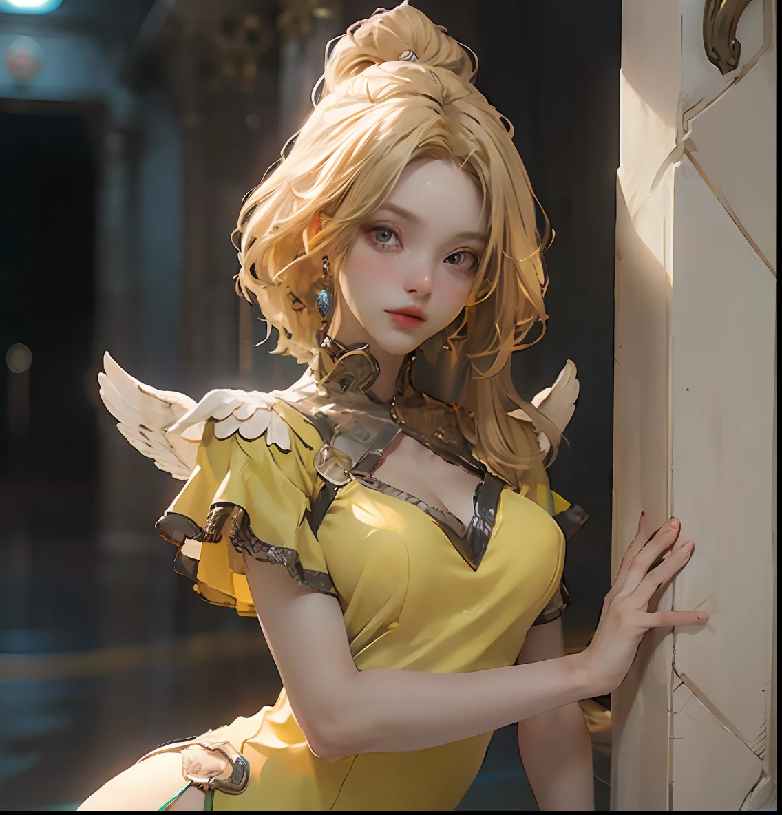 ((best qualtiy)), A 20-year-old girl wearing a yellow dress, blond hair, with many luxury goods, the background in a resplenent palace, with an angel auraNVIDIA RTX,Super-Resolution,Unreal 5,Subsurface scattering、PBR Texture、post-proces、Anisotropy Filtering、depth of fields、maximum definition and sharpness、Many-Layer Textures、Albedo e mapas Speculares、Surface Coloring、Accurate simulation of light-material interactions、perfectly proportions、Octane Render、Two-colored light、largeaperture、Low ISO、White balance、the rule of thirds、8K RAW、