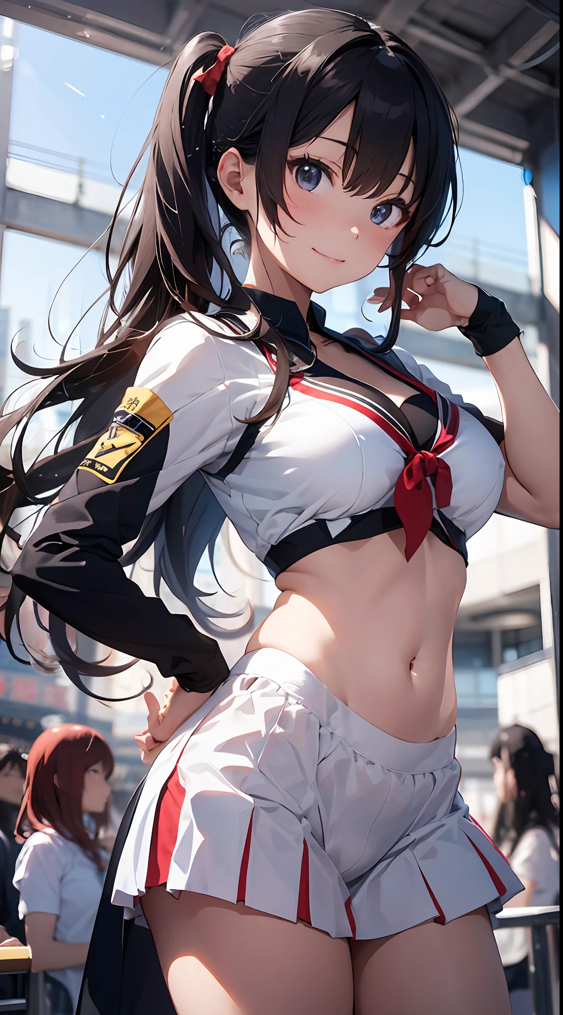 The Asian cheerleader of the Arabian Federal Reserve Bank poses dynamically in the stadium with a large pom-pom ball in both hands、write、closeup cleavage、cosplay foto、Anime cosplay、smallunderboob、RAW photography, top-quality, A high resolution, (tmasterpiece), (Photorealsitic:1.4), professional photoshooting, foco nítido, NFFSW, 8K分辨率, intricately details, depth of fields, the Extremely Detailed CG Unity 8K Wallpapers, Frontlighting, Girl vs, Beautiful supermodels, A smile、slenderness、Mary Ross、twin-tail hair、Dense depiction、Korean uniform、(posterior view)、Peek from below、(skinny thigh)、White underwear is visible