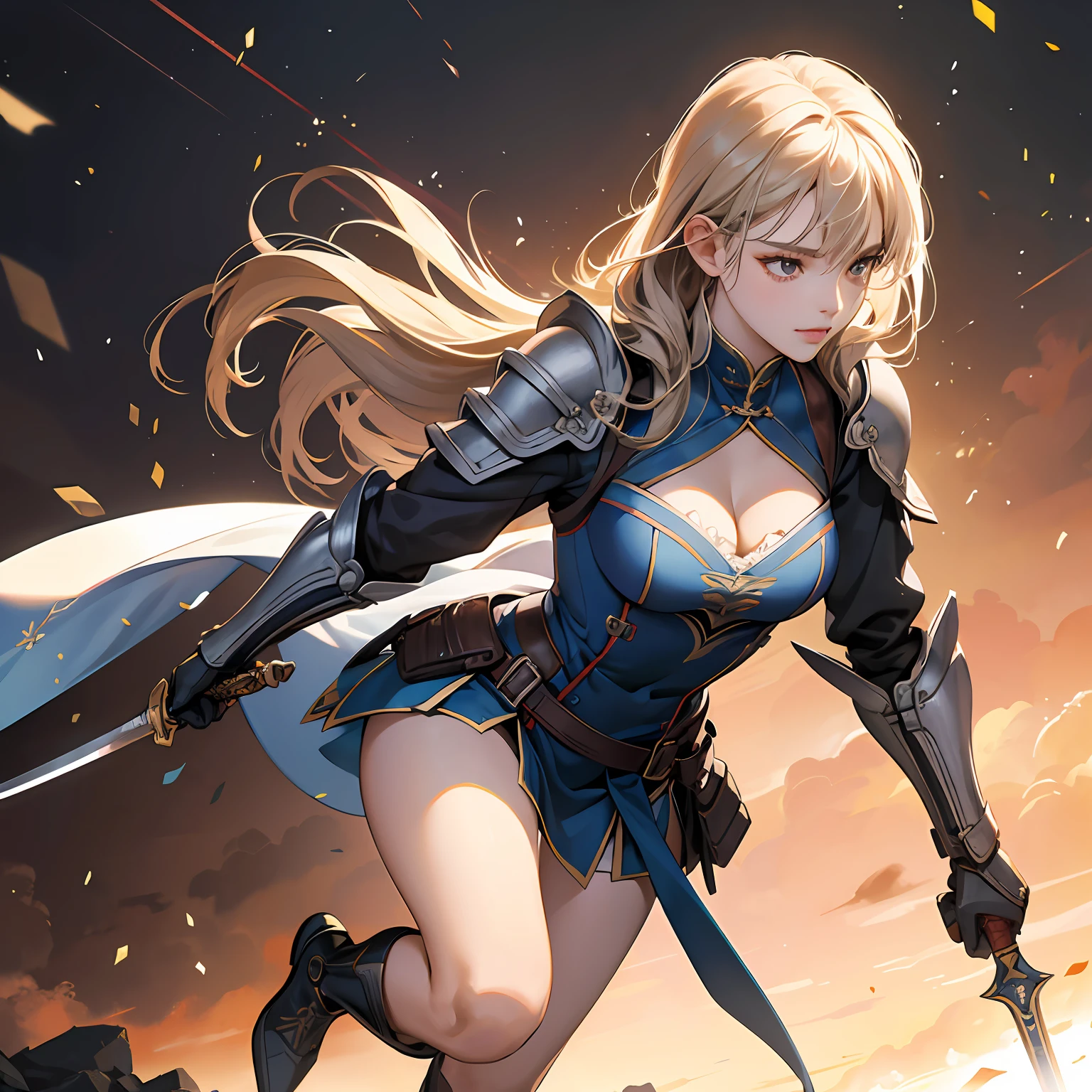 best qualtiy, tmasterpiece,超高分辨率,realisticlying,Authentic style,Cinematic style,1girll,The face is delicate,Smooth shoulders,ssmile,Full body armor,holding a sword and shield,Fighting posture,CG,movie picture quality,cold light,Realistic light and shadow effects,closeup cleavage,battlefiled,Swords,Woman body defined thick thighs cybernetic body parts,Consistent with human dissection