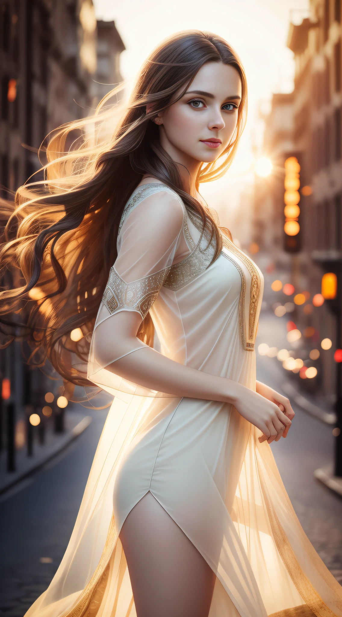 portrait photography, beautiful young woman with transparent western tunic dress, eyes visible through hair, proper eye position, natural skin, backlight, cinematic light, rim light, soft light , hips, in night time, city side background, detailed color graded background, intricate , highly detail, octane render, HD, 8k, by Annie Leibovitz
