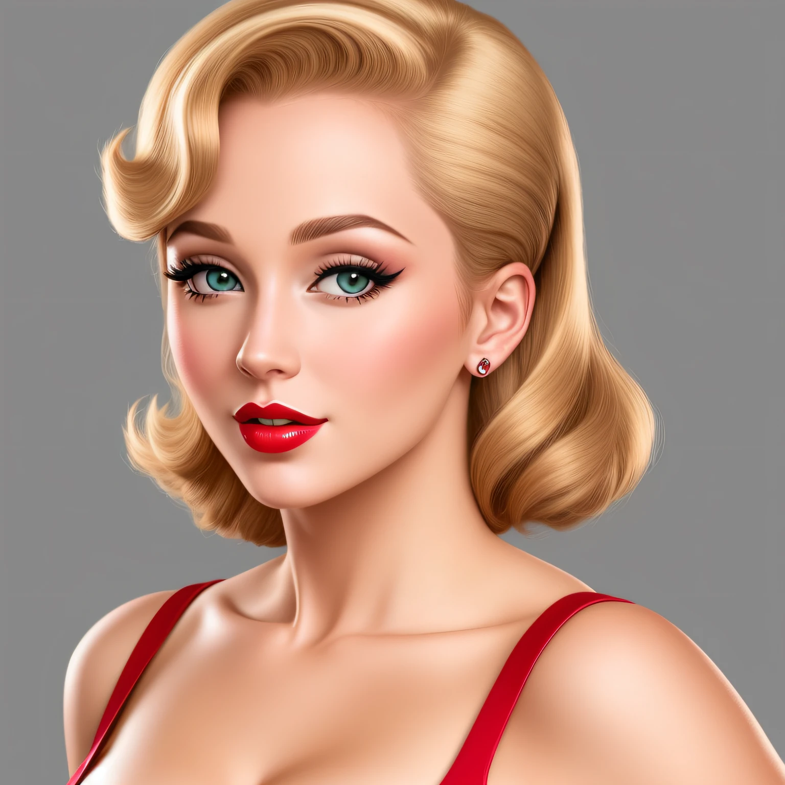 um desenho de "pin-up, uma mulher, estilo pinup, rosto, olhos,, boca, cabelo, detalhado"